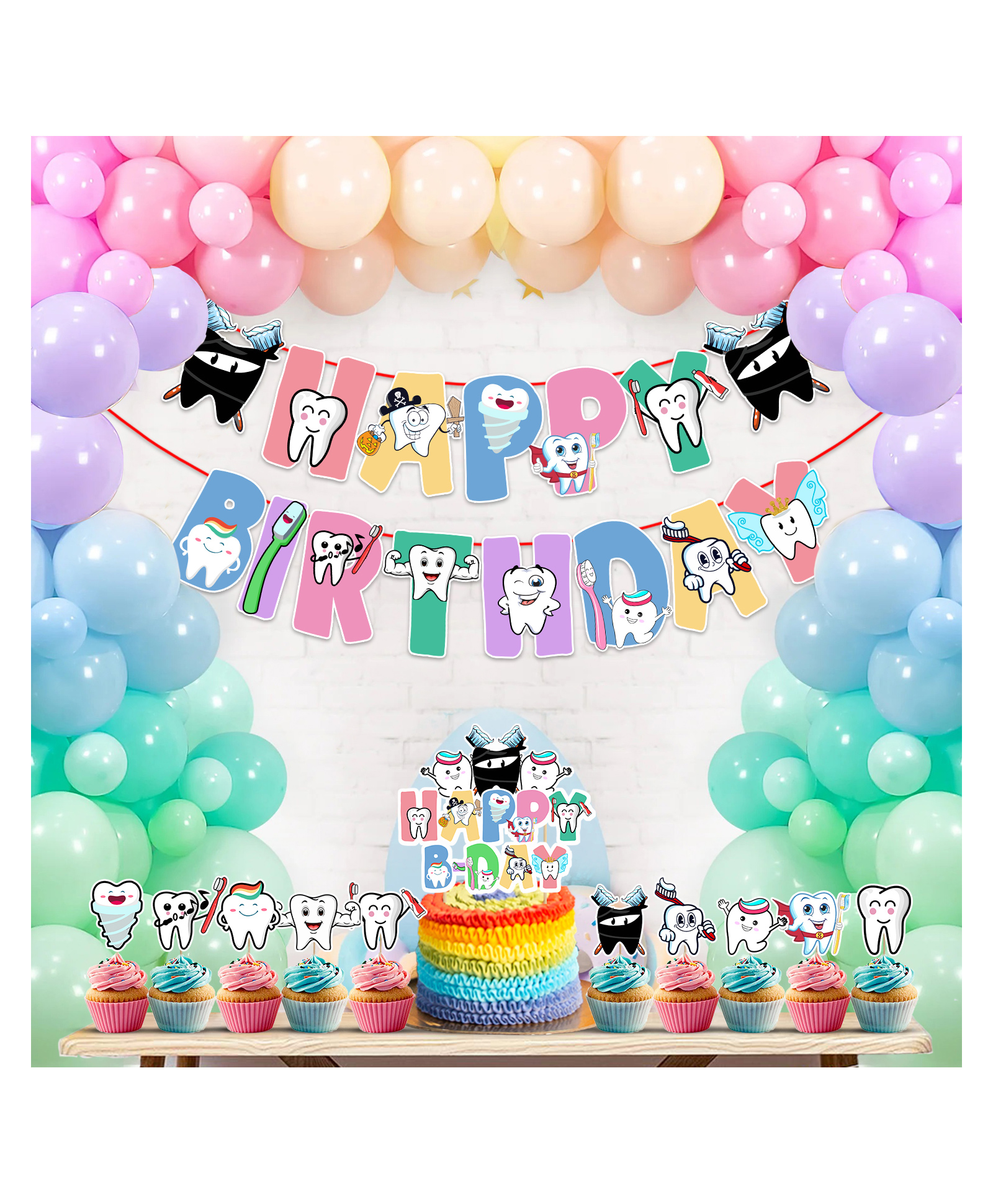 Zyozi  Tooth Theme Birthday Decoration Set Tooth Birthday Banner Balloons Cake Topper Multicolor - Pack Of 37-image-27