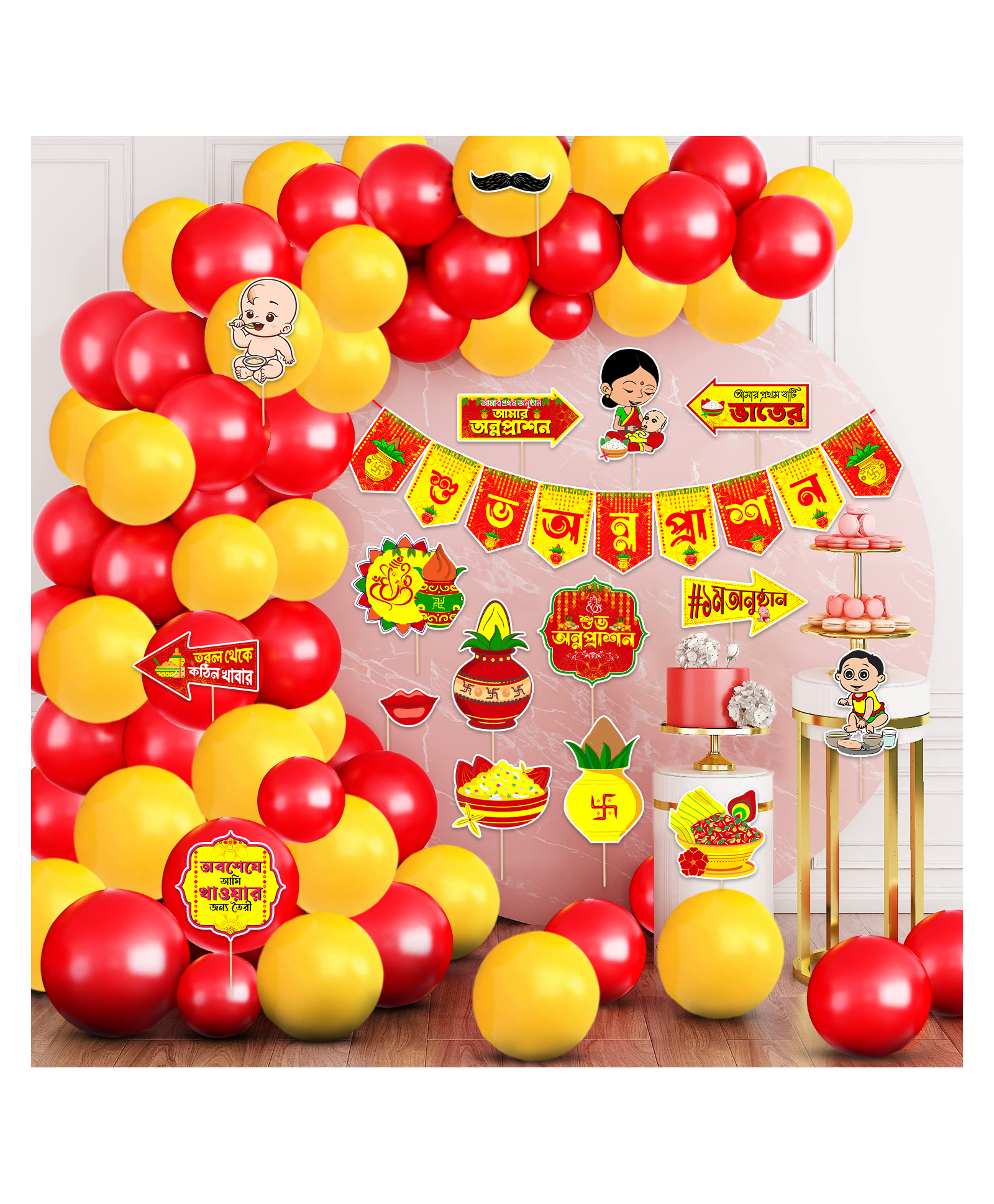 Zyozi Rice Ceremony Decorations Combo Mukhe Bhaat Decorations Items Red & Yellow - Pack Of 77-image-17
