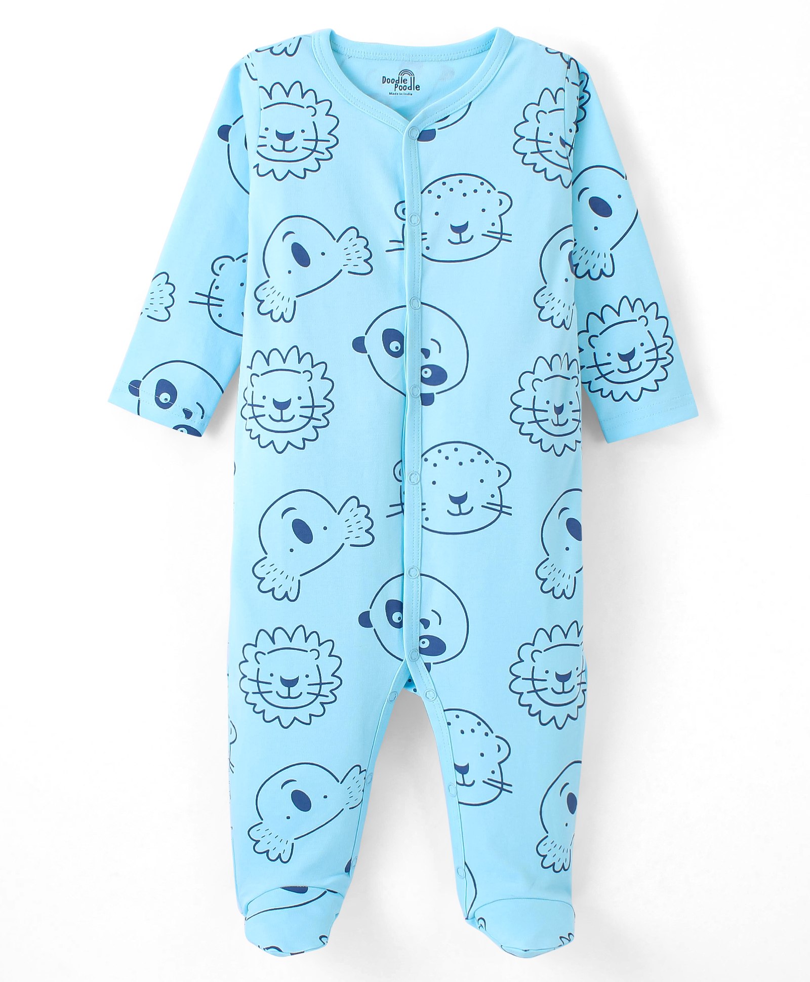 Doodle Poodle Cotton Knit Full Sleeves Animals Face Printed Footed Sleep Suit - Blue-picture-29