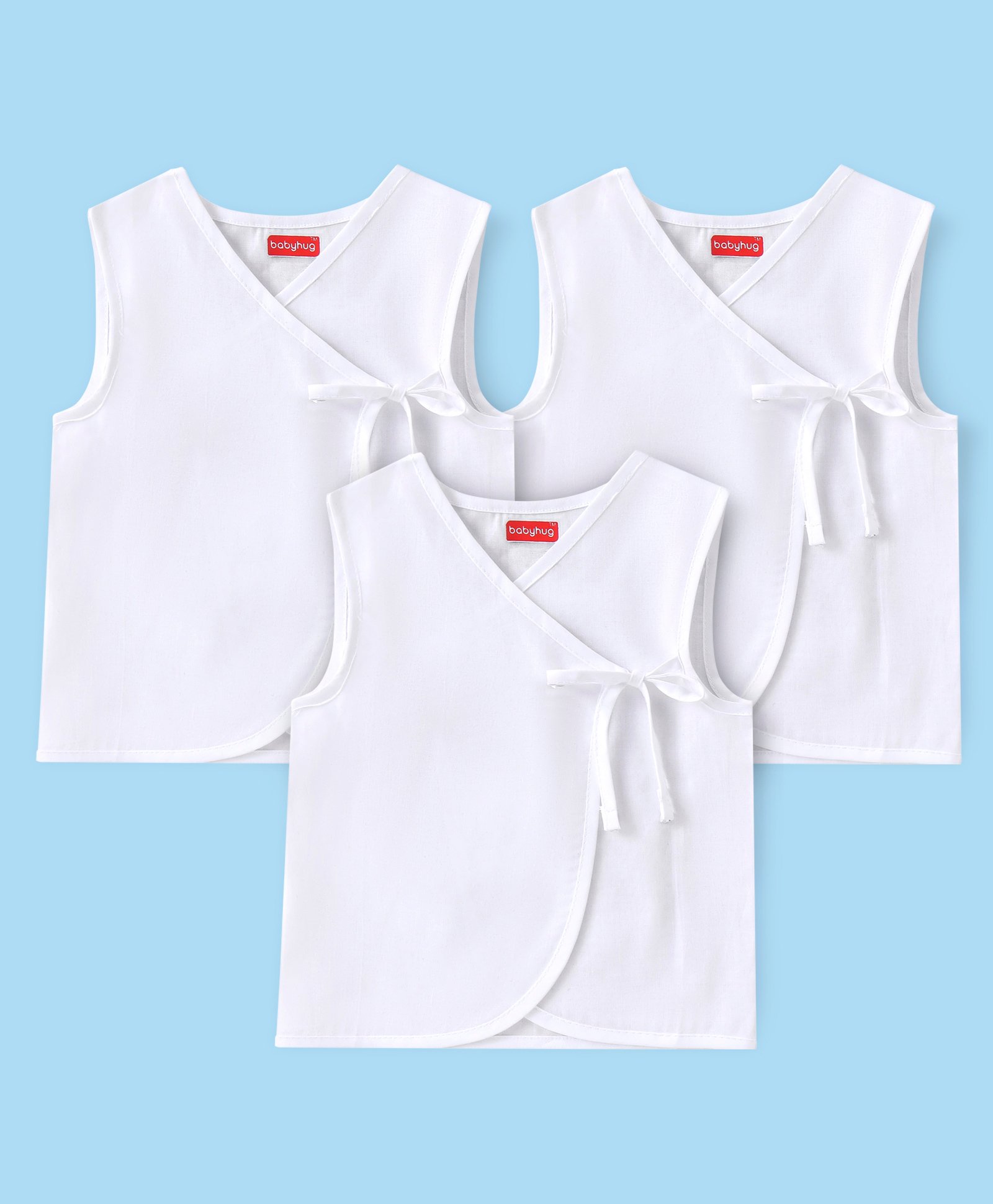 Babyhug 100% Cotton Front Tie Knot Sleeveless Solid Jhabla Pack of 3- White-image-23