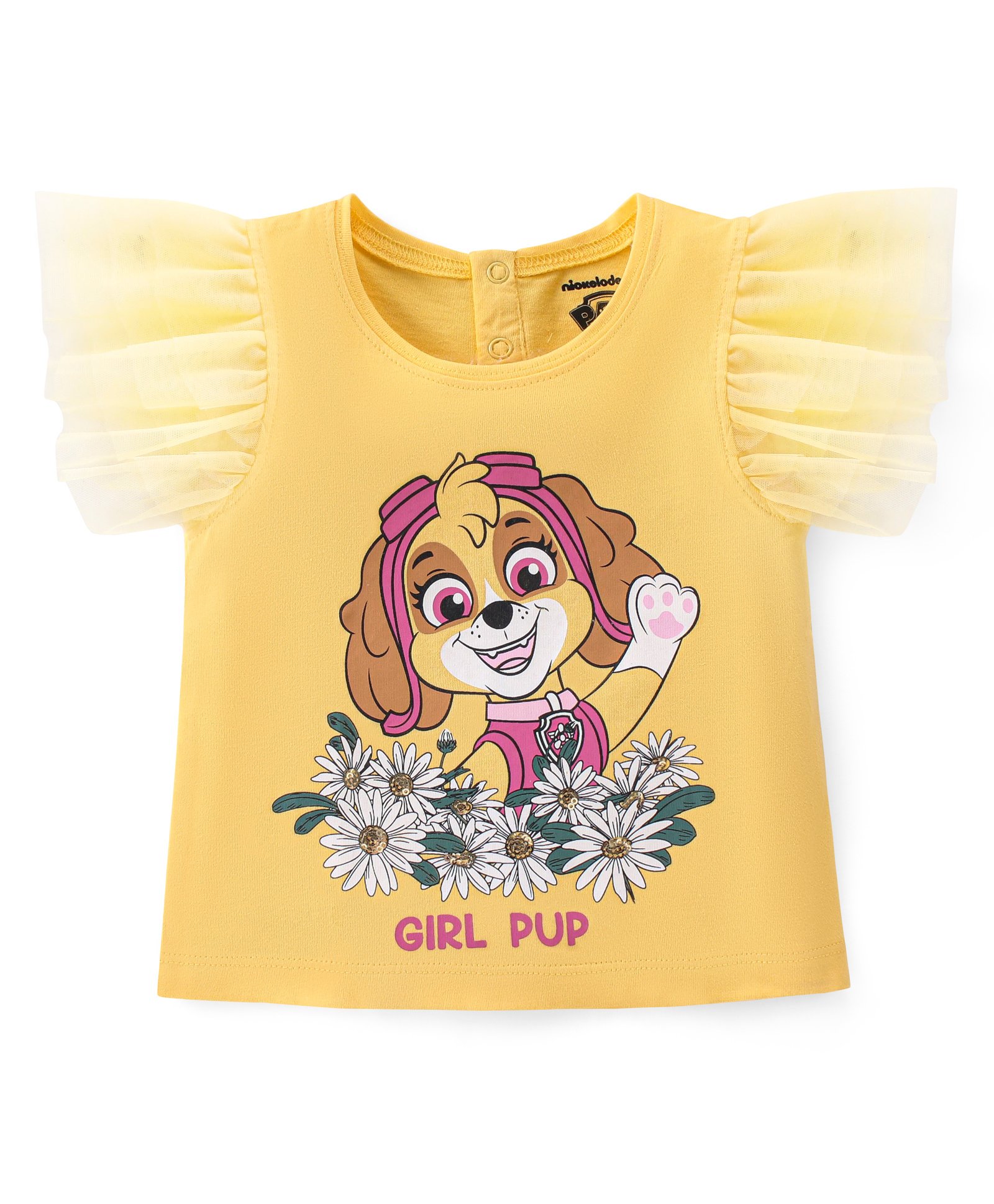 Babyhug 100% Cotton Half Sleeves Top Paw Patrol Print with Sequins & Mesh Detailing - Yellow-image-29