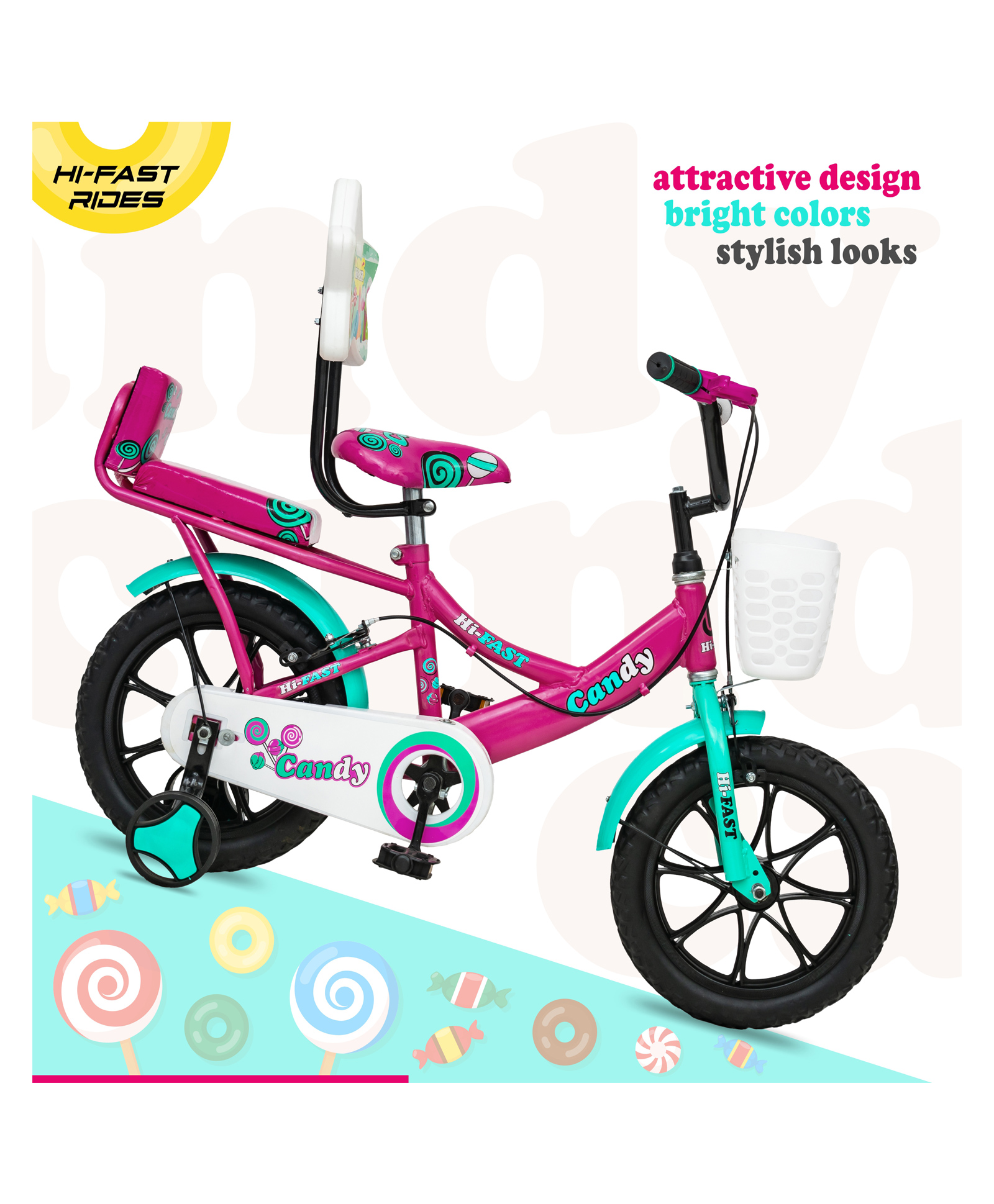Hi-Fast Candy Unisex Kids Cycle With Back Seat and 95% Assembled 14 T Road Cycle-picture-13