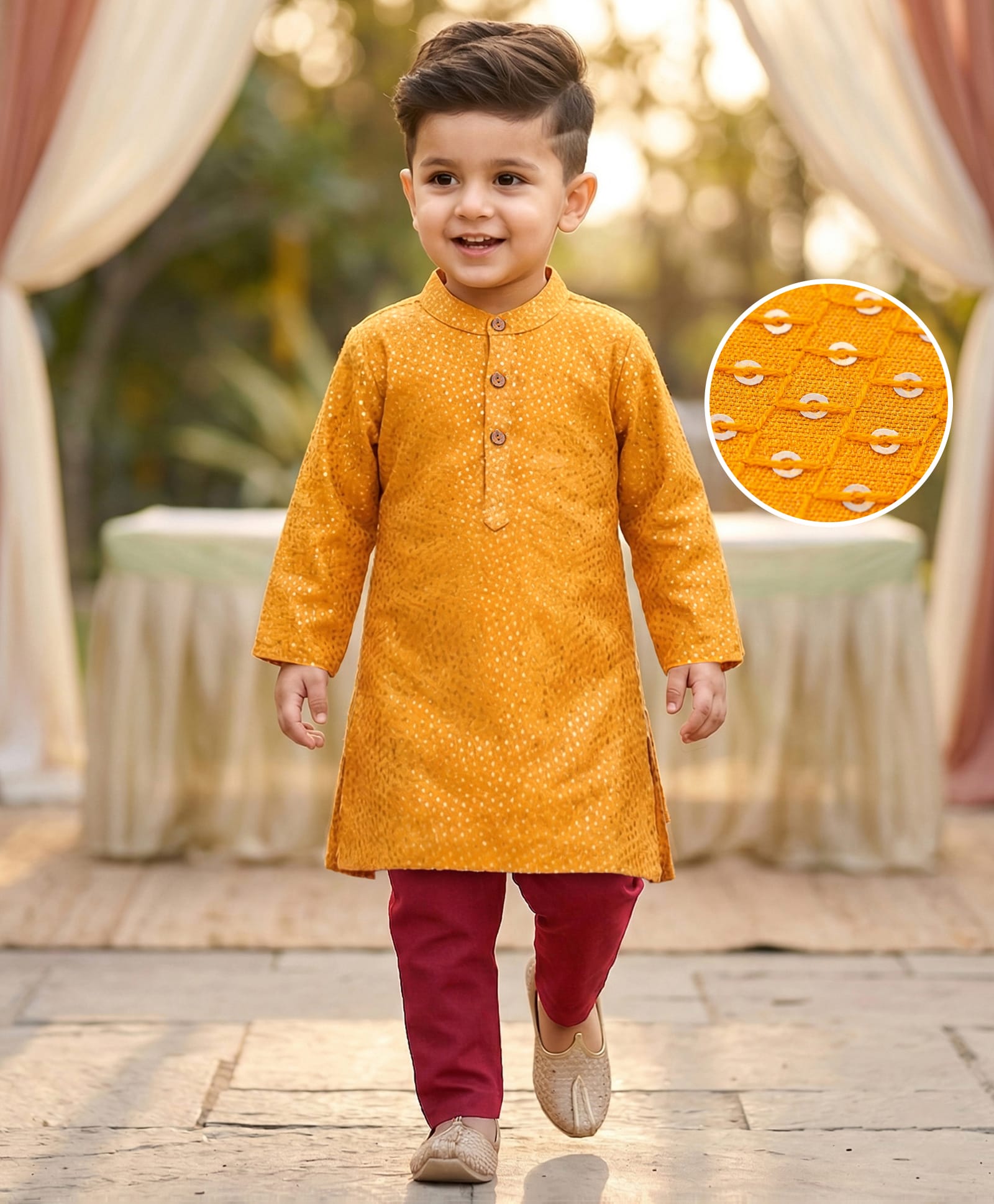 Babyhug Full Sleeves Sequenced Embroidered Kurta & Pyjama Set- Mustard-image-49