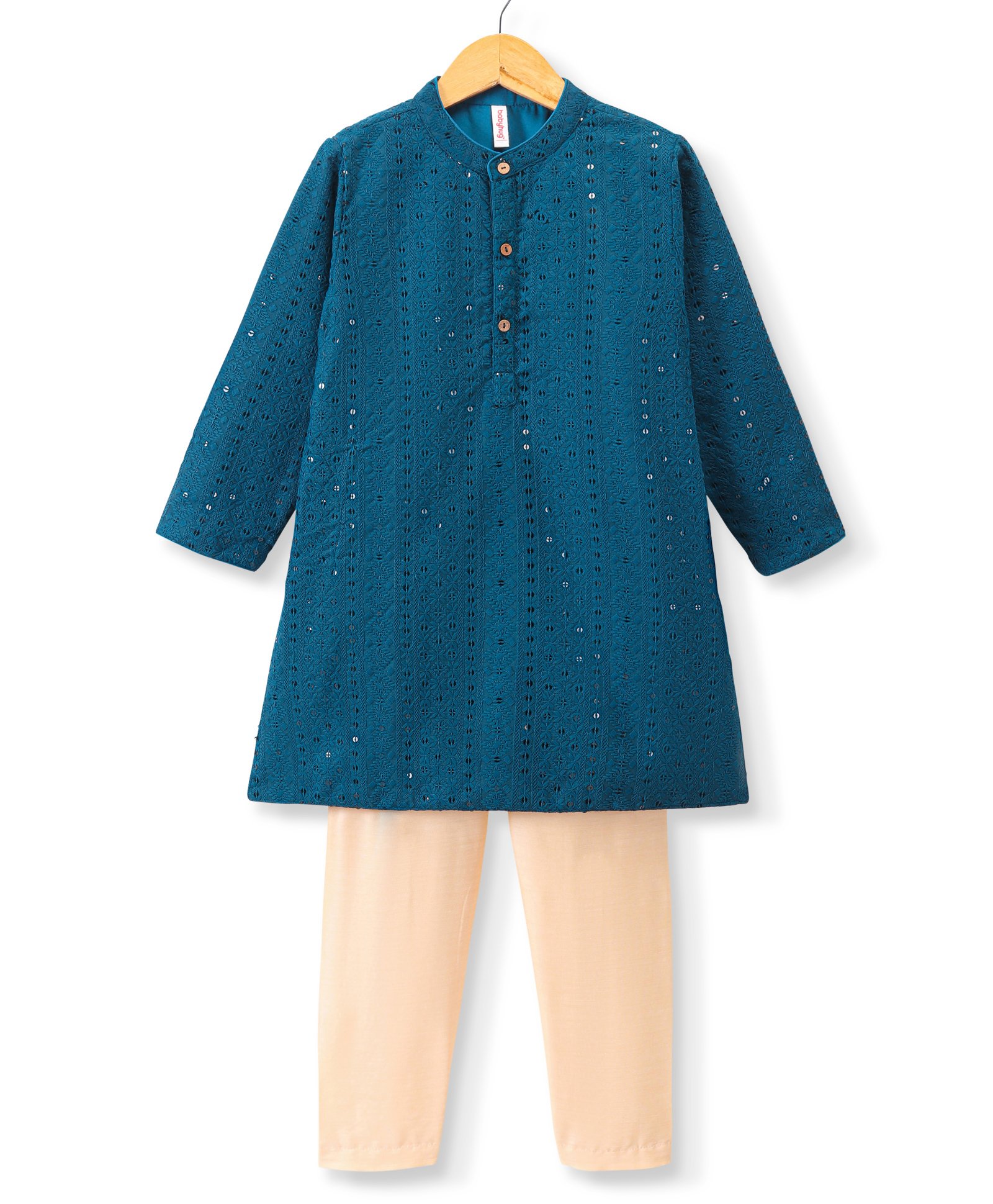 Babyhug Full Sleeves Schiflly Embroidered Kurta Pyjama Set - Teal-image-17