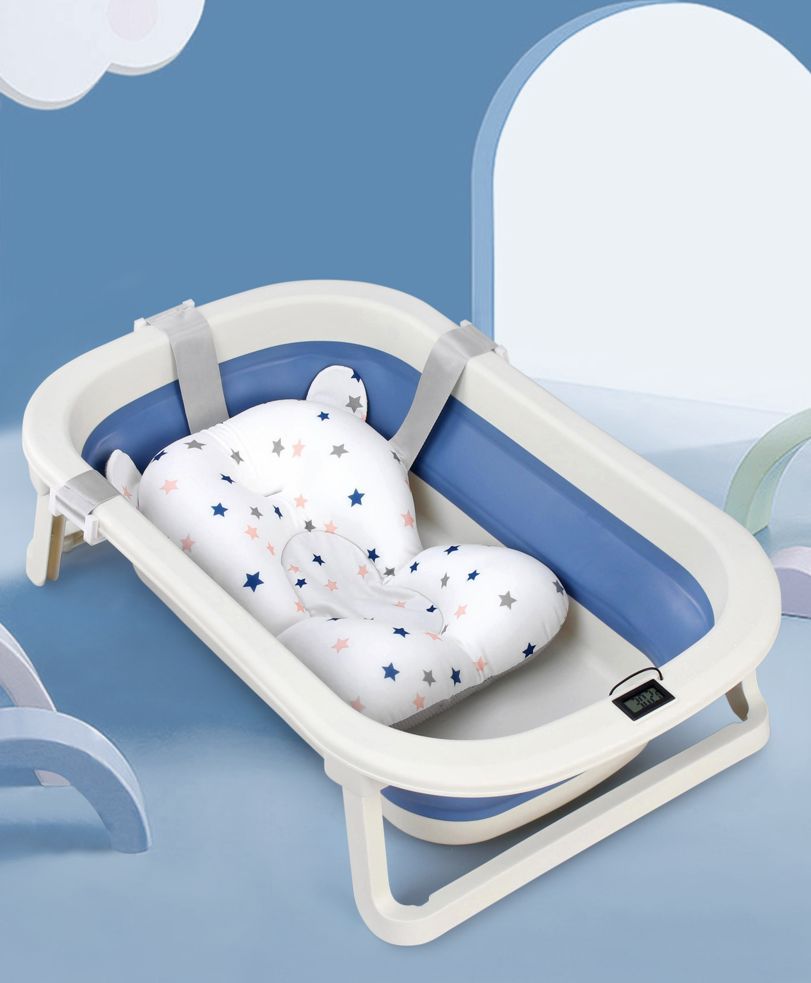 Foldable Bathtub with Cushion and Thermometer - Blue-image-36