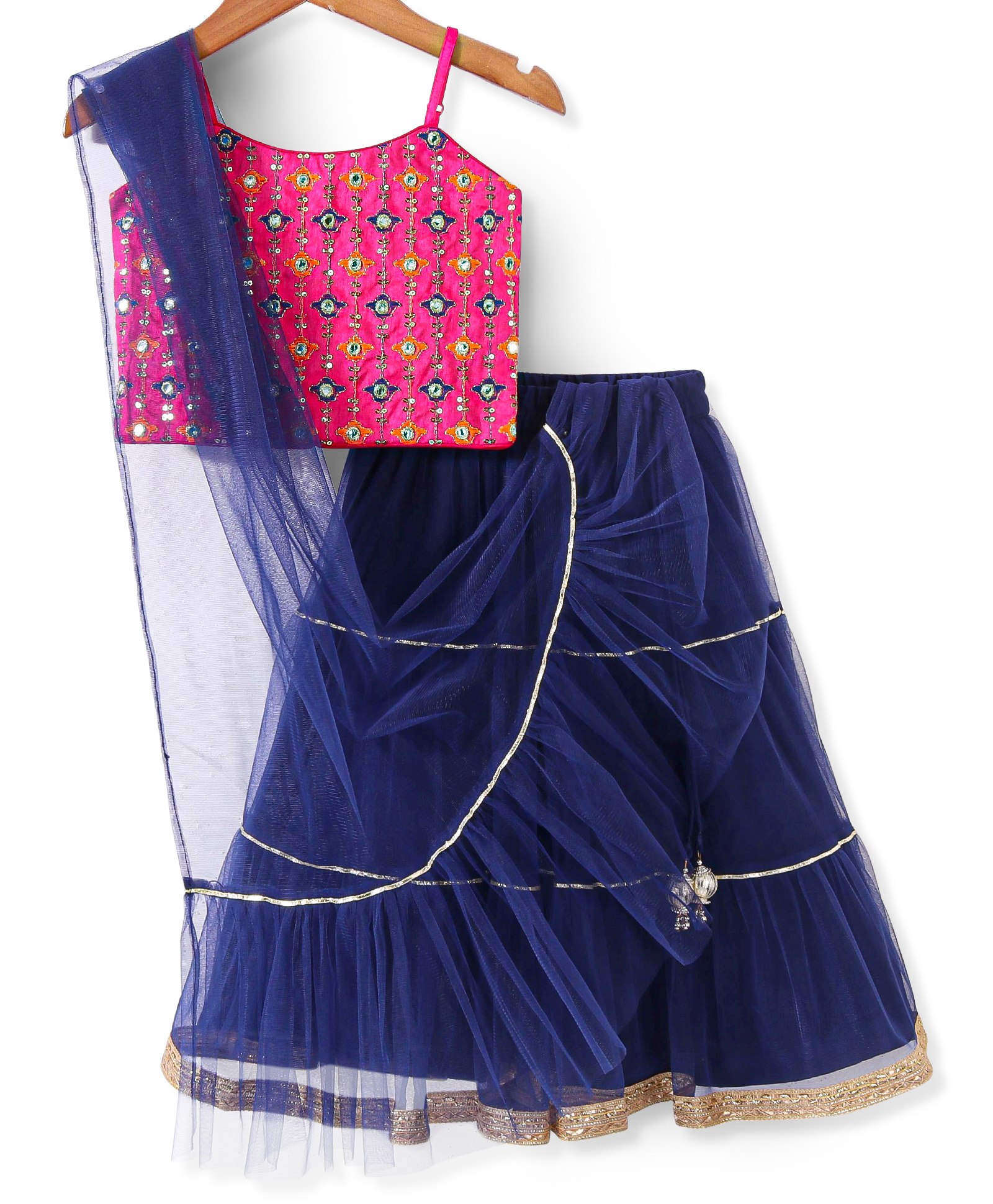 Babyhug Singlet Sleeves Mirror Embroidered  Choli with Net Lehenga & Dupatta Set - Royal Blue-picture-19