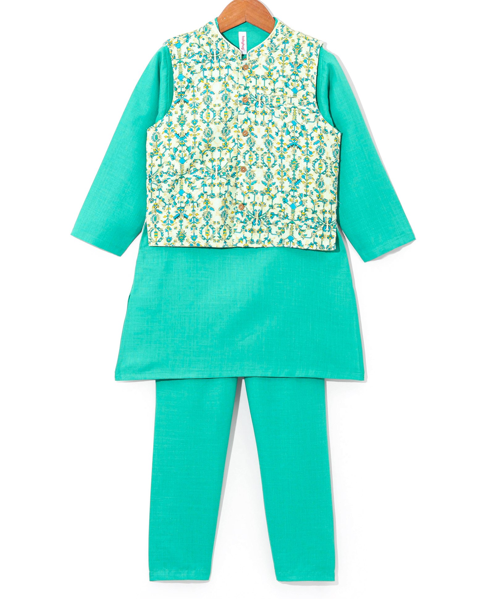 Babyhug Woven Full Sleeves Solid Kurta Payjama Set with Floral Embroidered Jacket - Aqua-picture-15