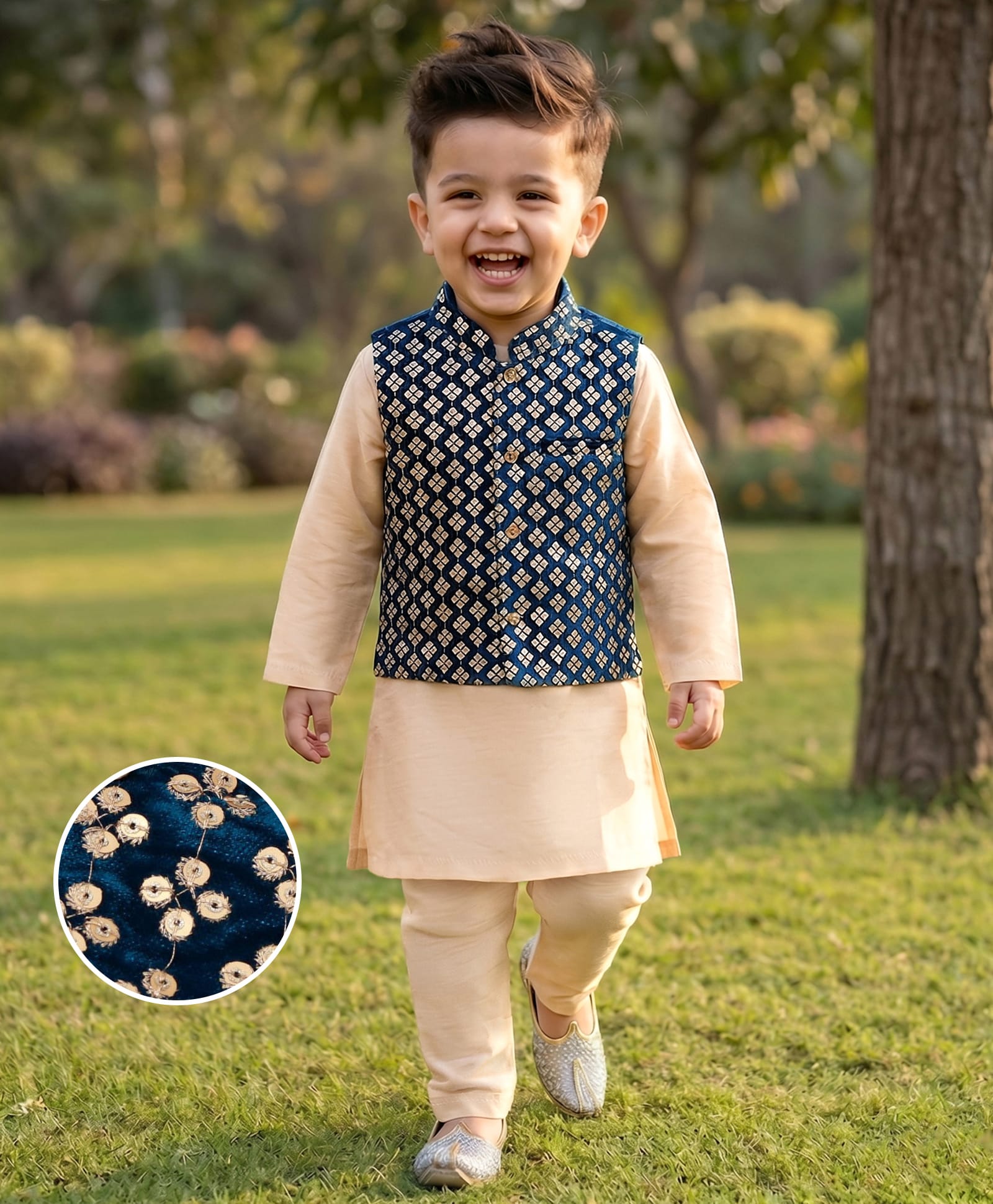 Babyhug Full Sleeves Solid Colour Kurta Payjama Set with Sequenced Embroidered Jacket -Beige-picture-25