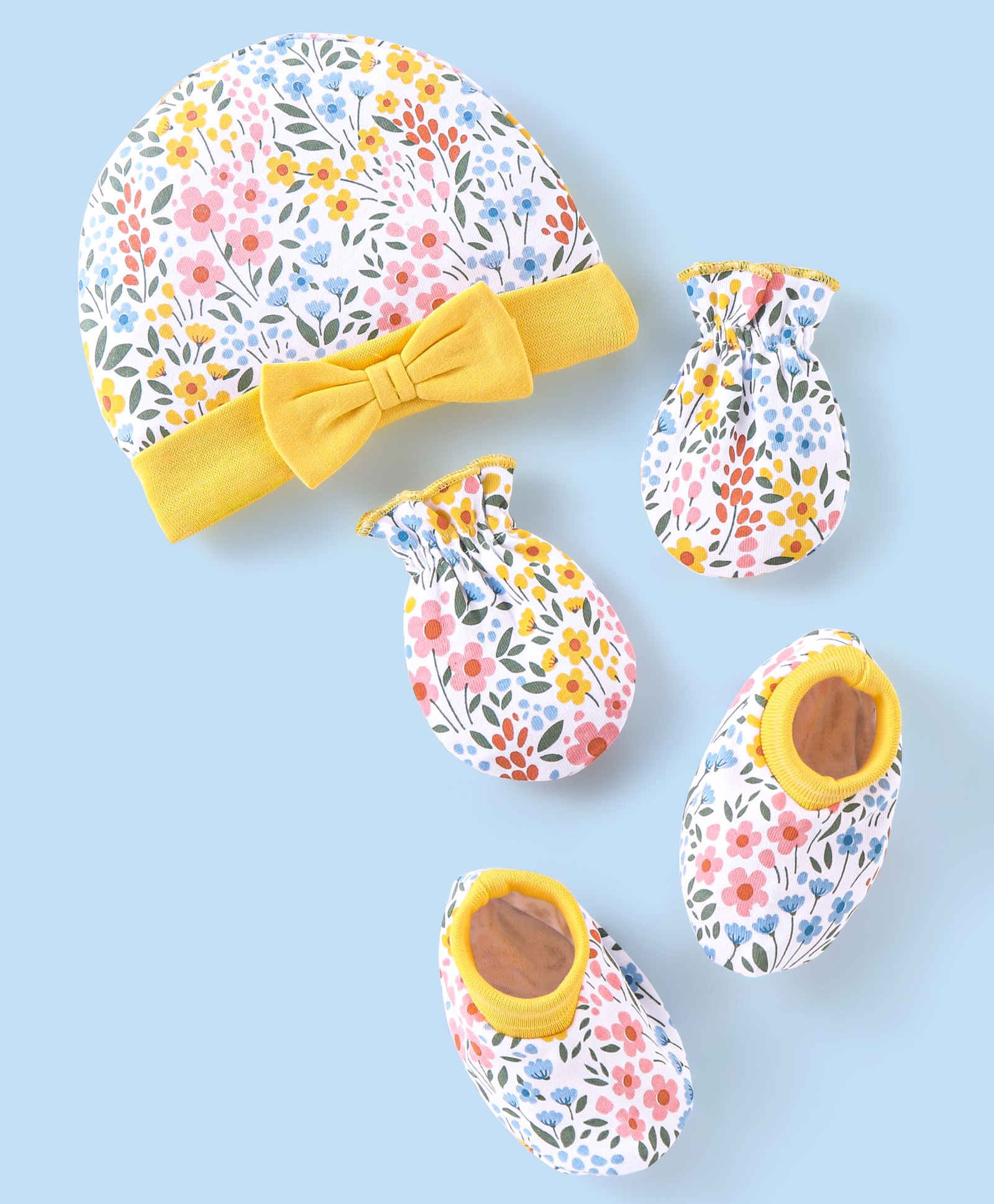 Babyhug 100% Cotton Floral Printed Cap Mittens & Booties Set with Bow Applique - Yellow & White-image-42