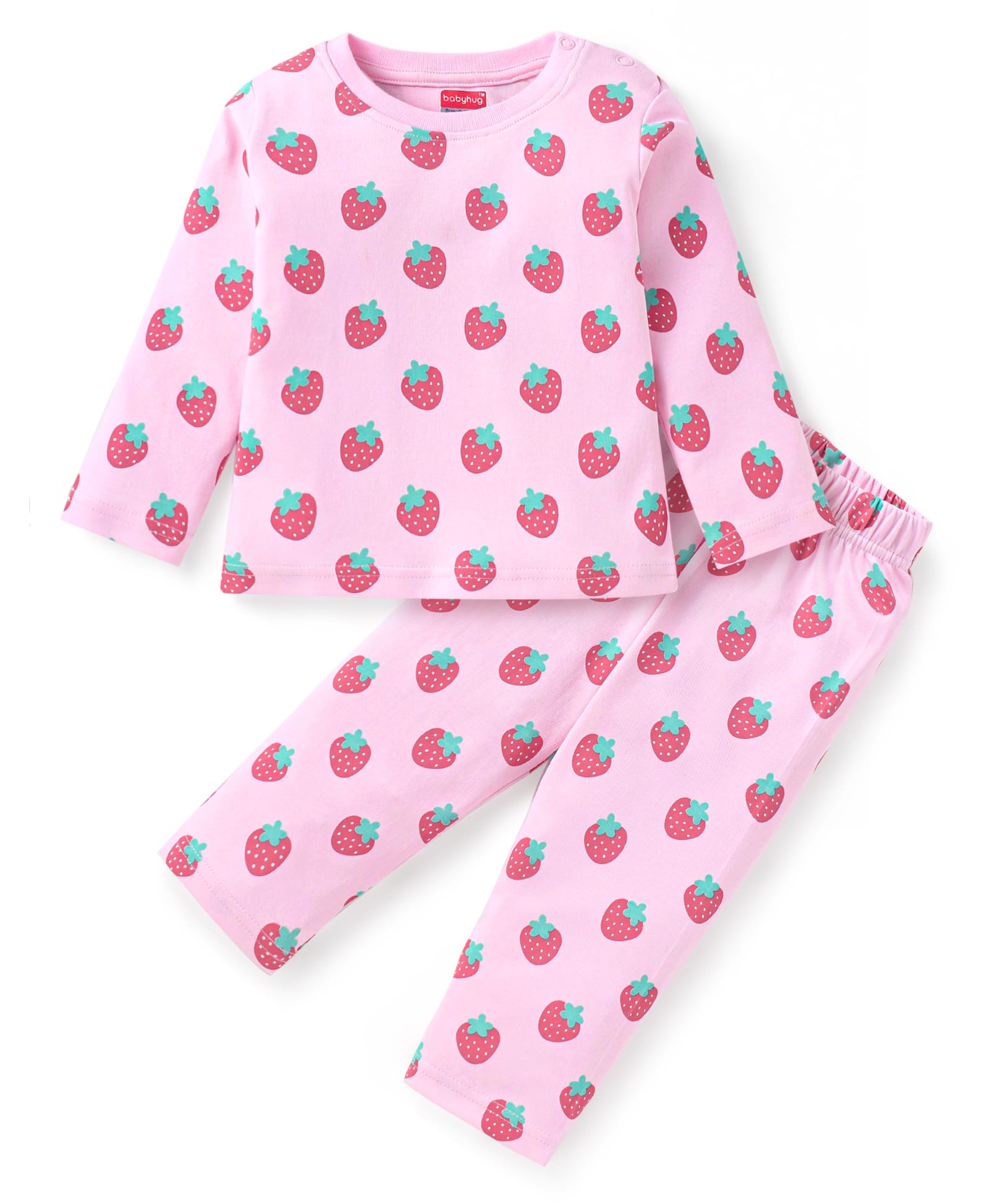 Babyhug Cotton Knit Full Sleeves Night Suit With Strawberry Print - Pink-image-27