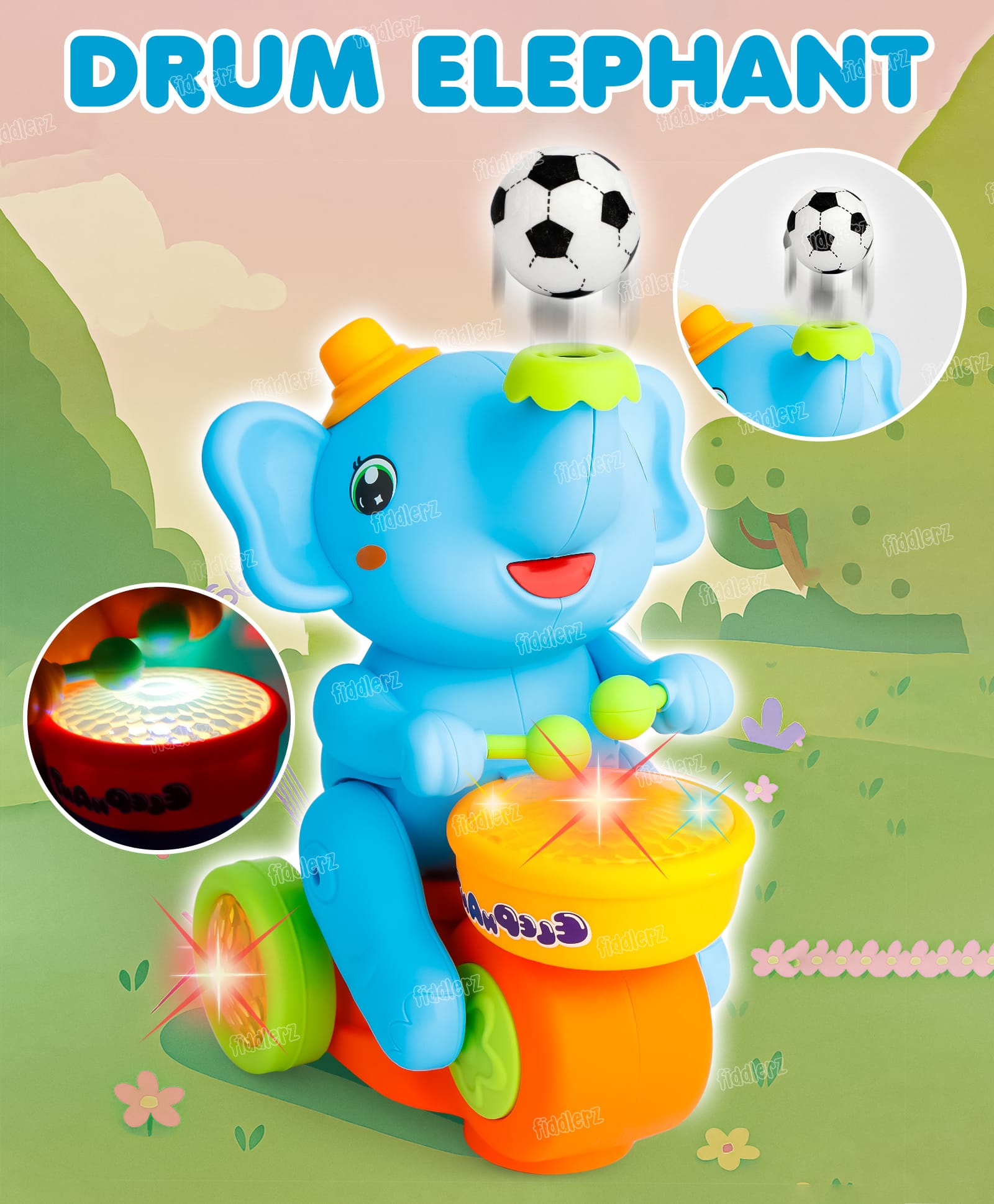 Fiddlerz Elephant Musician Toy Walking Drum Playing with 2 Ball Electric Toys for Kids - Blue-image-28