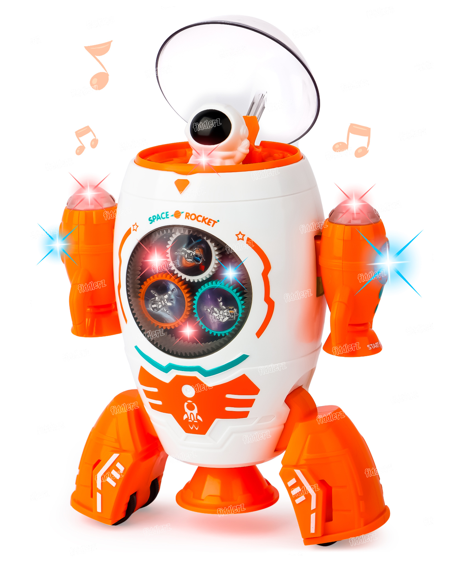 Fiddlerz Space Rocket Dancing Robot with Lights & Music Musical Toy with Moving Gears 360 Degree Rotation - Orange-image-11