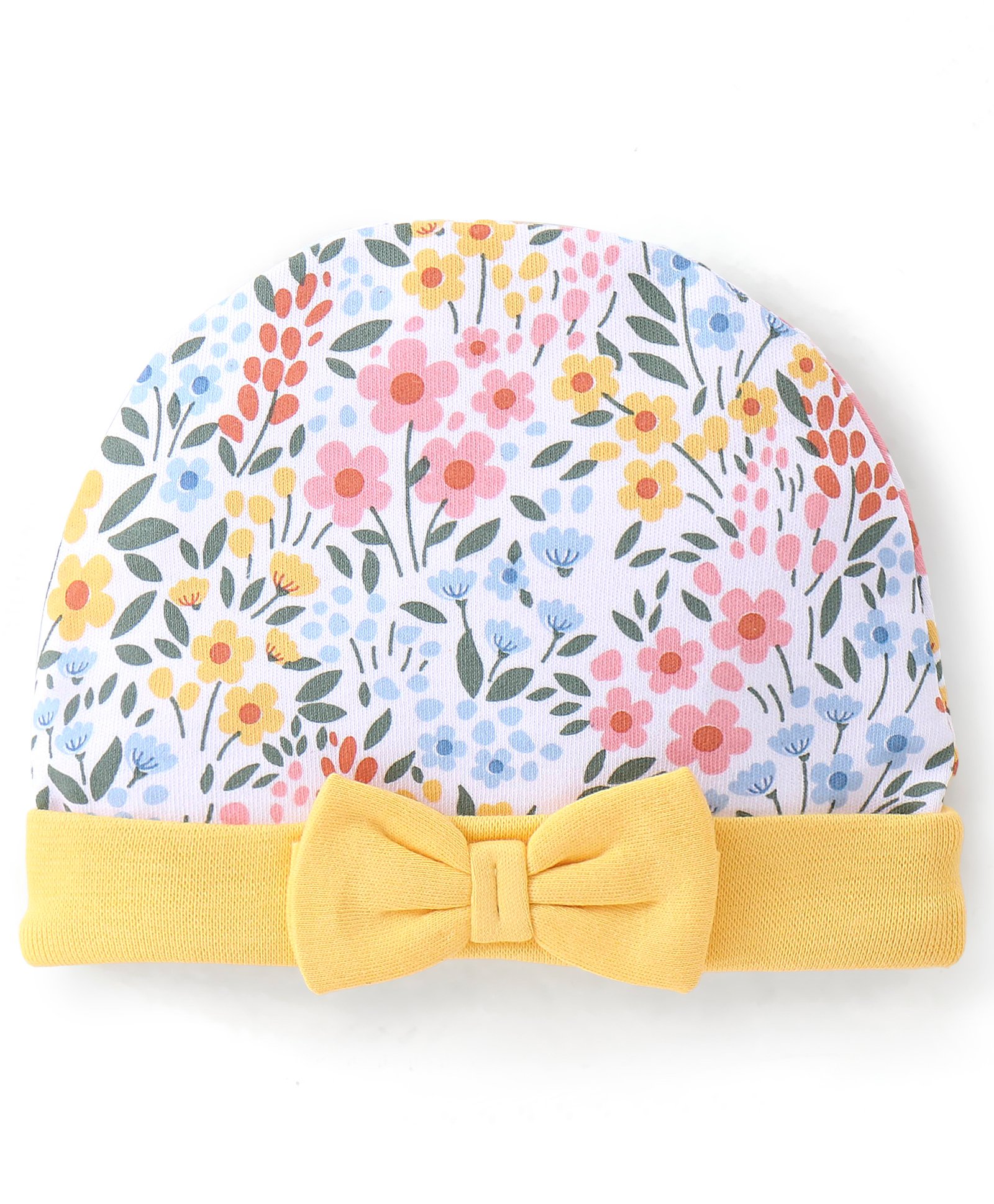 Babyhug 100% Cotton Knit Cap Floral Printed with Bow Applique- Yellow-picture-11