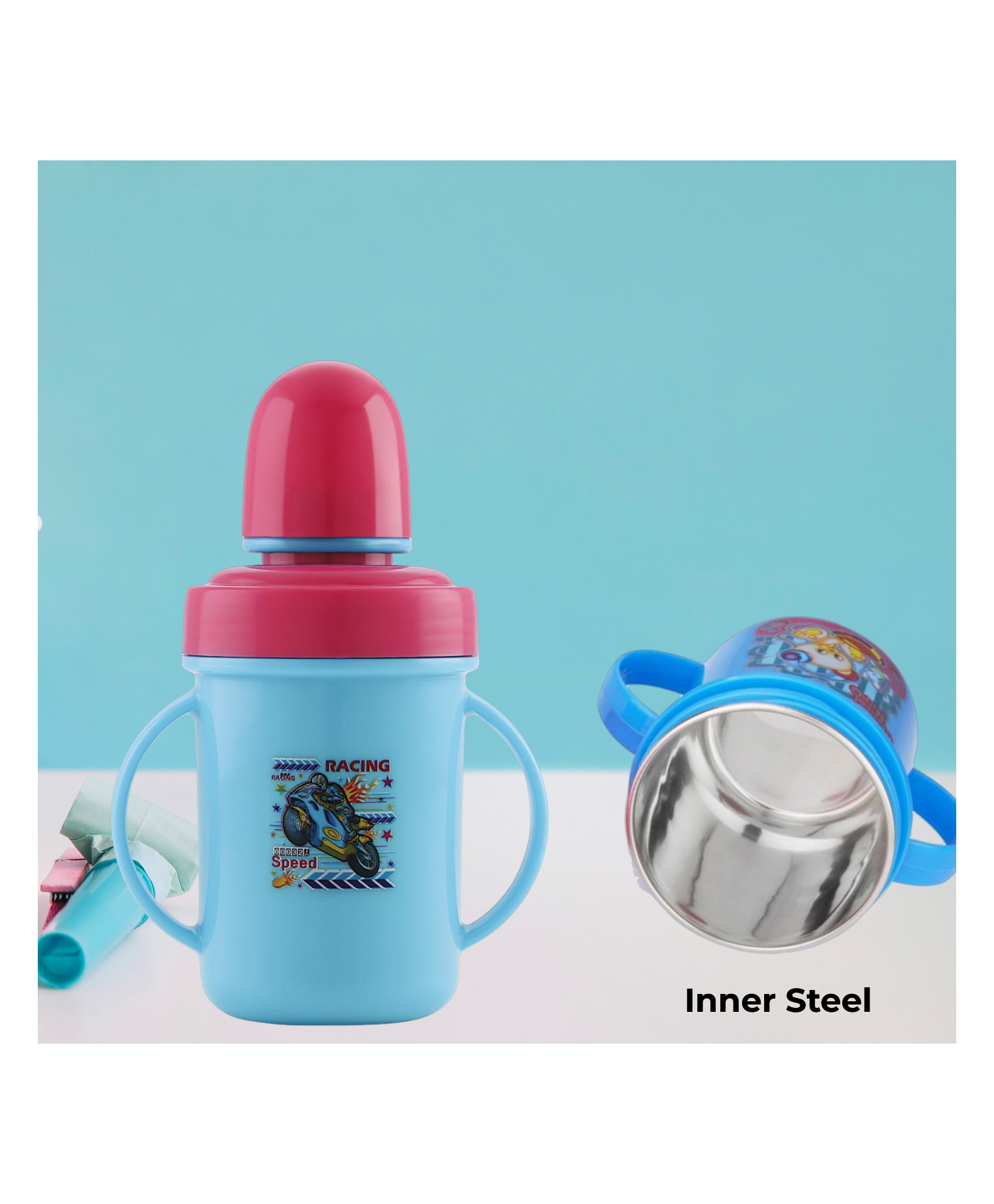 Nabhya Hippo Big Stainless Steel Plastic Spout Sipper Cup 350 ml - Sky Blue-image-10