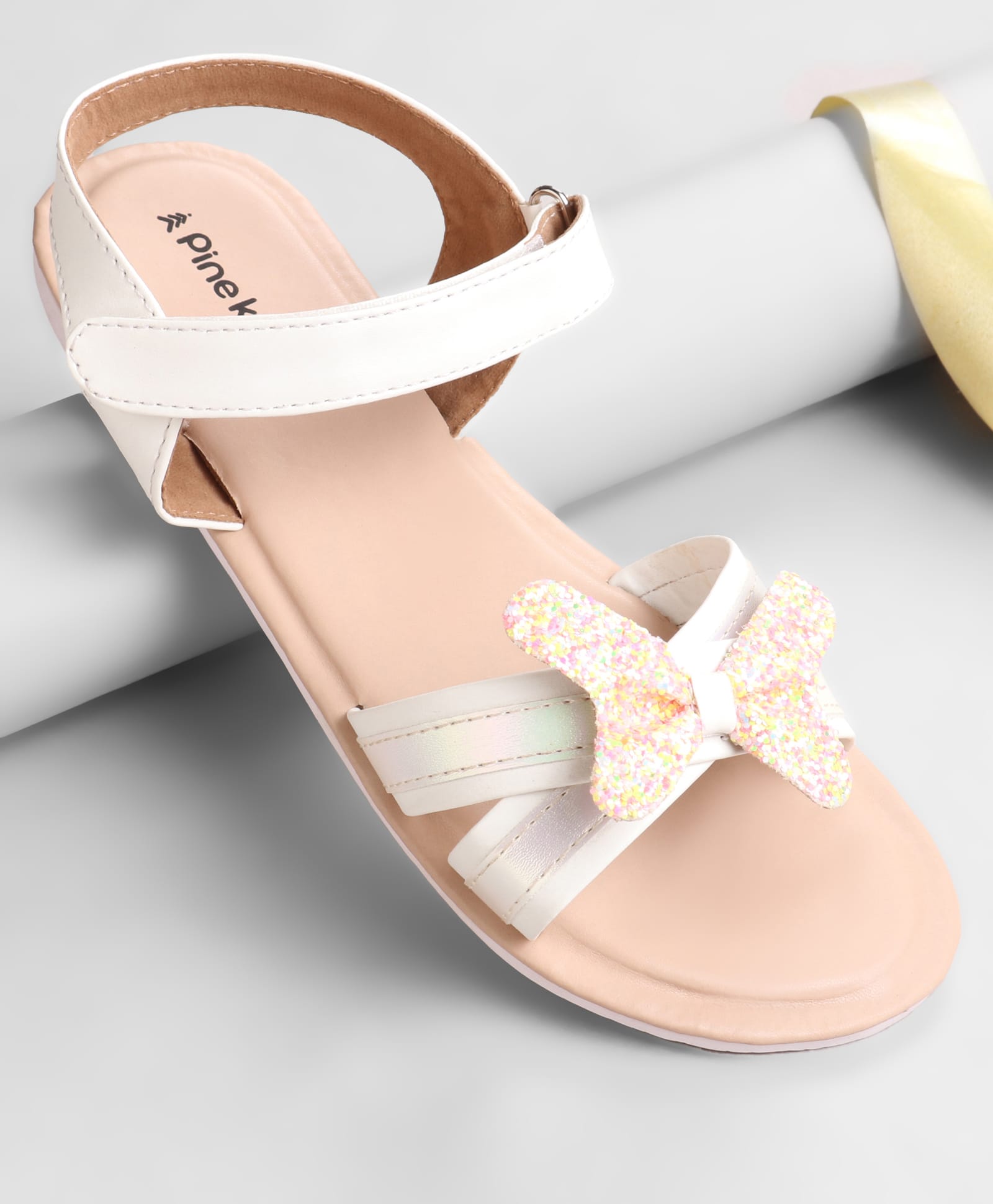 Pine Kids Solid Colored Velcro Closure Party Sandals with Bow - Golden-picture-11