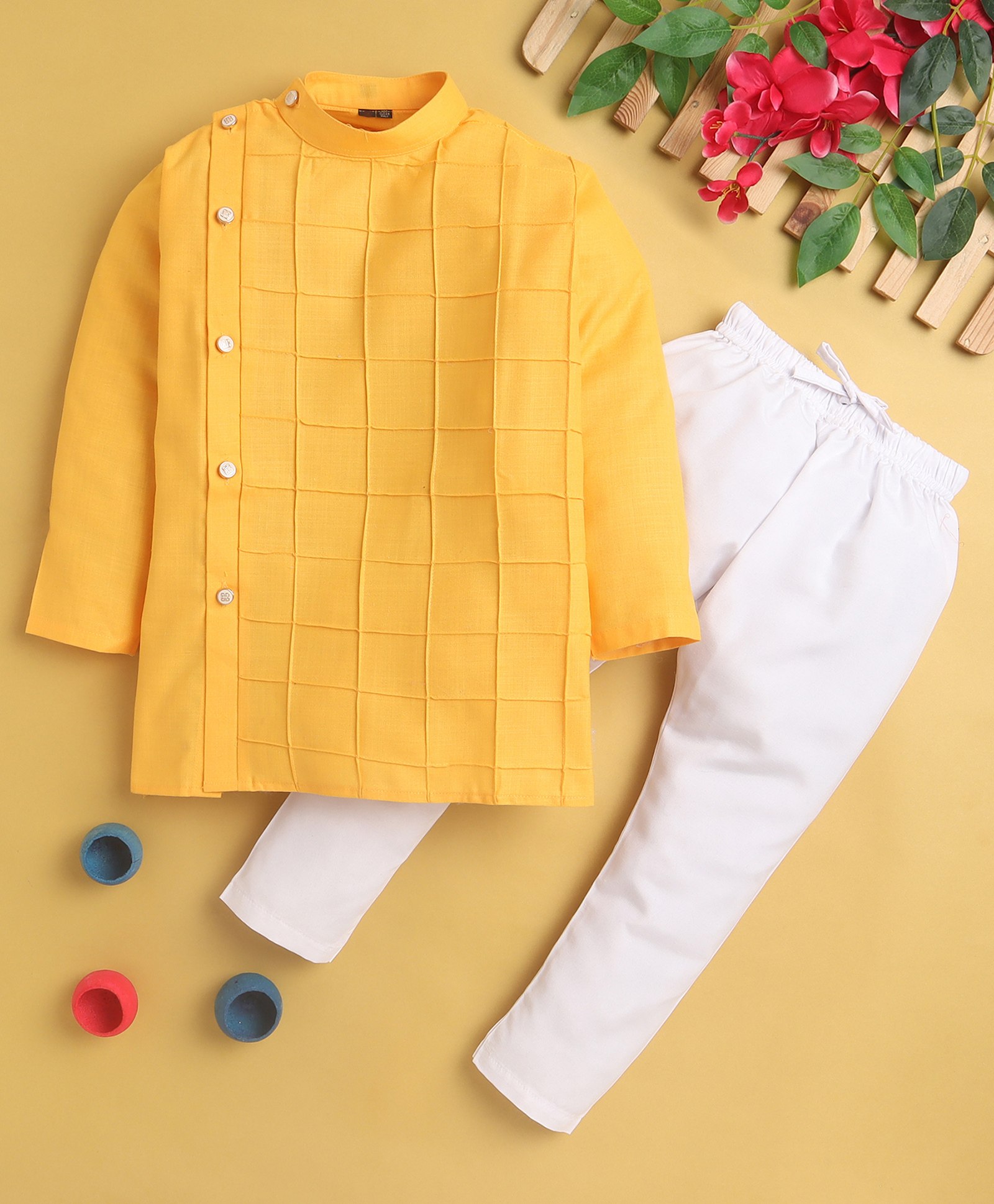 Jeet Ethnics Full Sleeves Window Pane Checked Kurta with Pyjama -  Yellow-picture-4