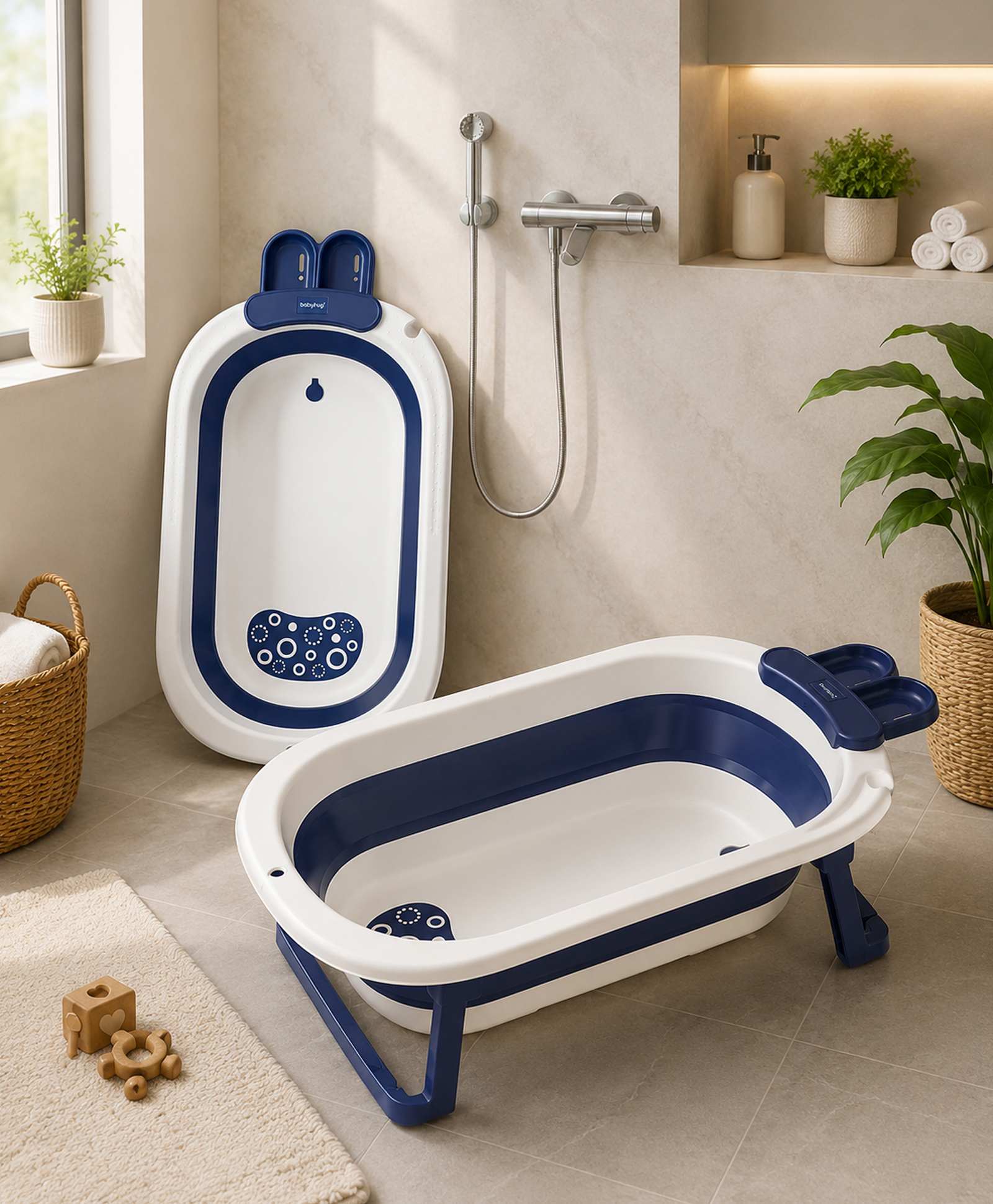 Babyhug Baby Bath Tub with Drain Plug Whale Print Unisex - Blue-image-34