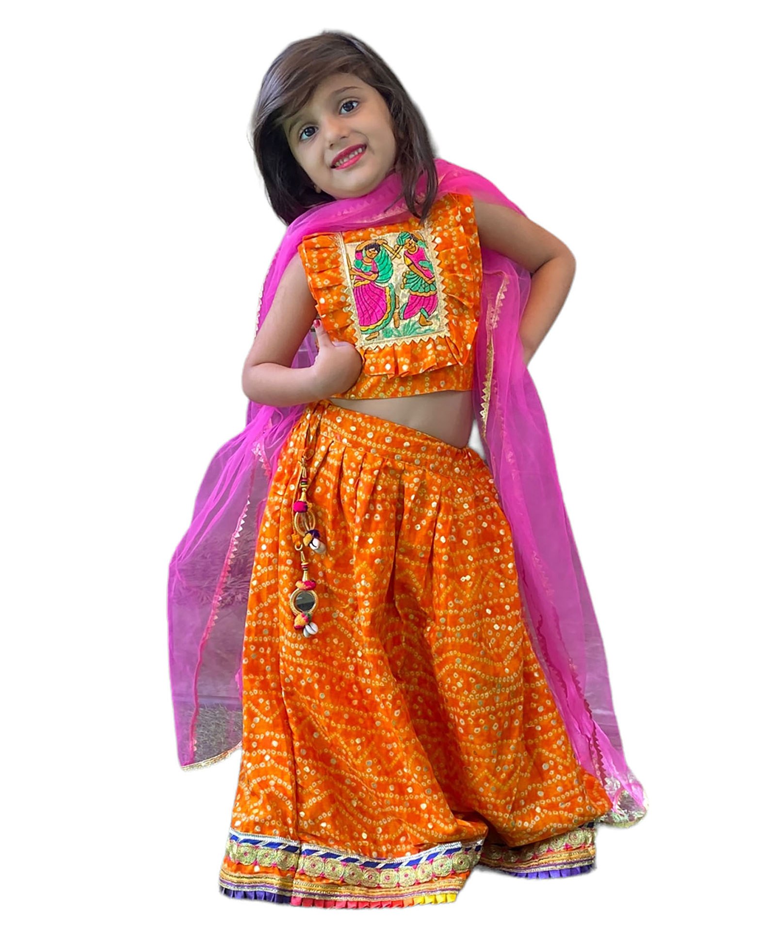 Aglare Navratri Theme Sleeveless Bandhej Designed & Banjara Embroidered Frill Detailed Coordinating Lehenga & Choli Set - Mustard Yellow-image-40