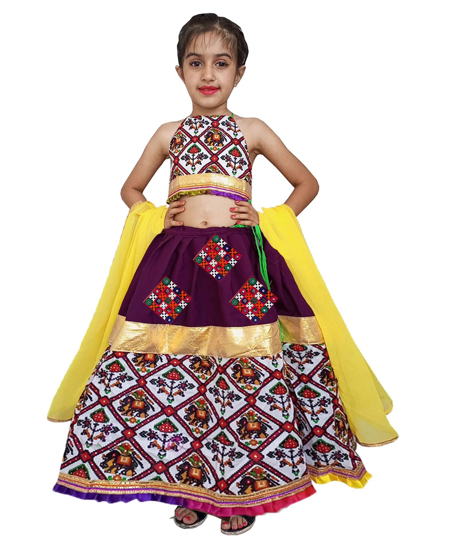 Aglare Navratri Theme Halter Neck Patola Elephant Motif  Printed Choli With Coordinating Lehenga And Dupatta - White-picture-15