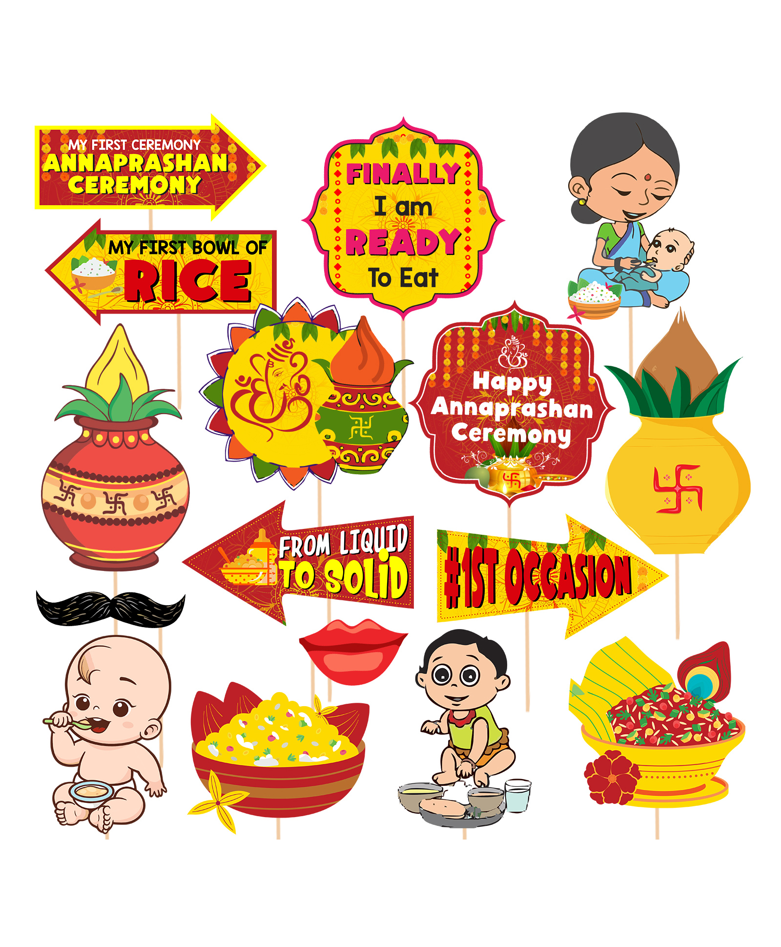 Zyozi Rice Ceremony Photo Booth Props  Annaprashan Decoration Items Red and Yellow -  Pack Of 16-image-21