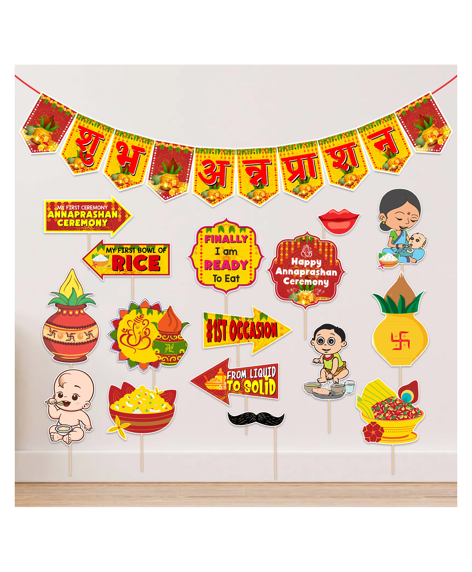 Zyozi Rice Ceremony Photo Booth Props with Banner Red And Yellow - Pack Of  17-image-20