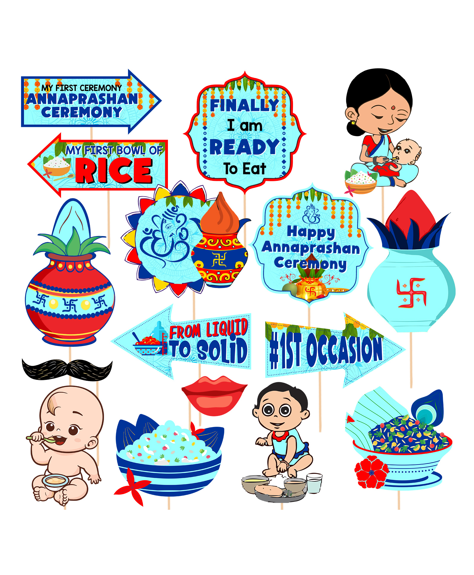 Zyozi Rice Ceremony Photo Booth Props Blue - Pack Of 16-picture-10