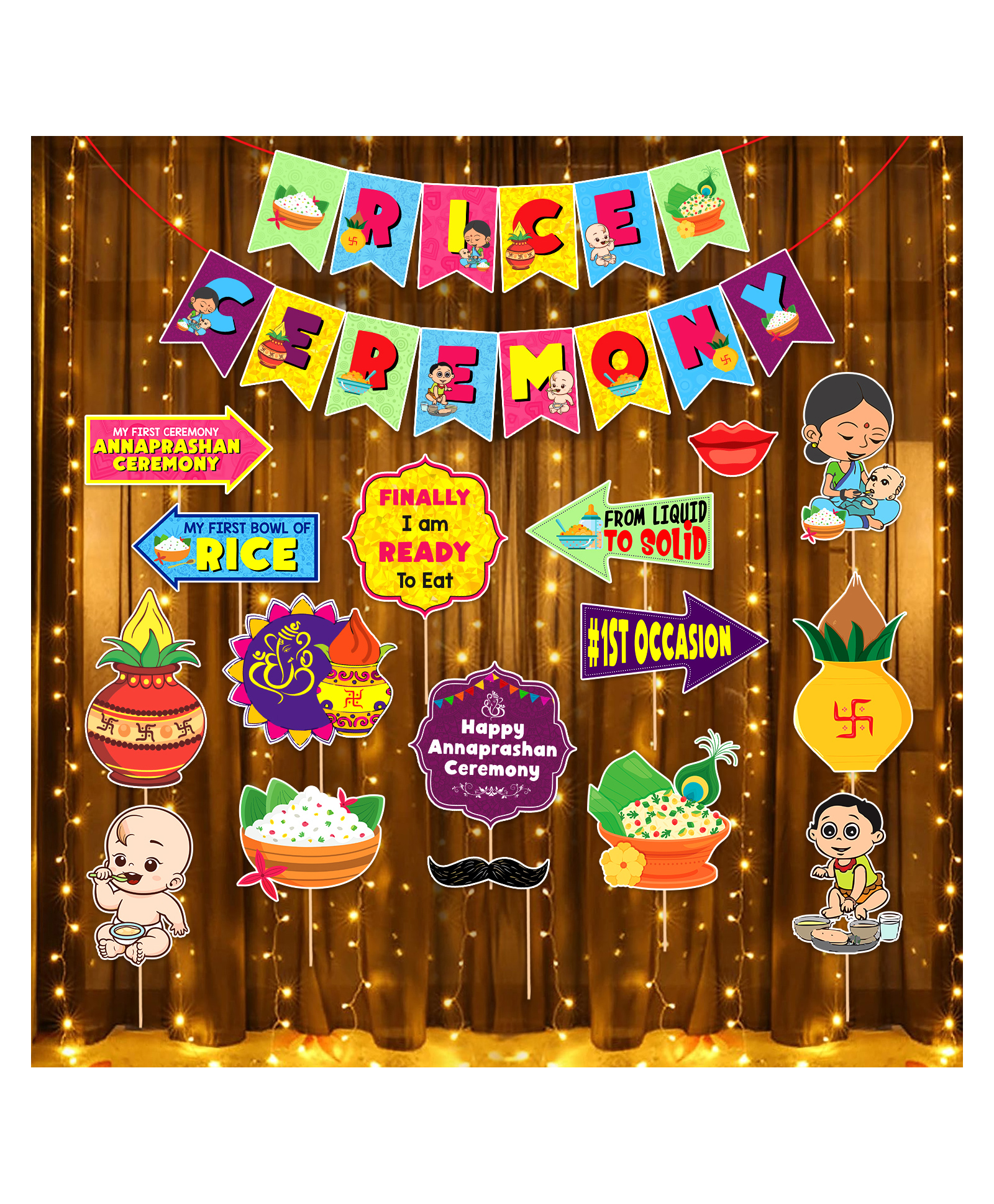 Zyozi Rice Ceremony Photo Booth Props with Rice Ceremony Banner & LED Rice Light Multicolor - Pack of 18-image-36
