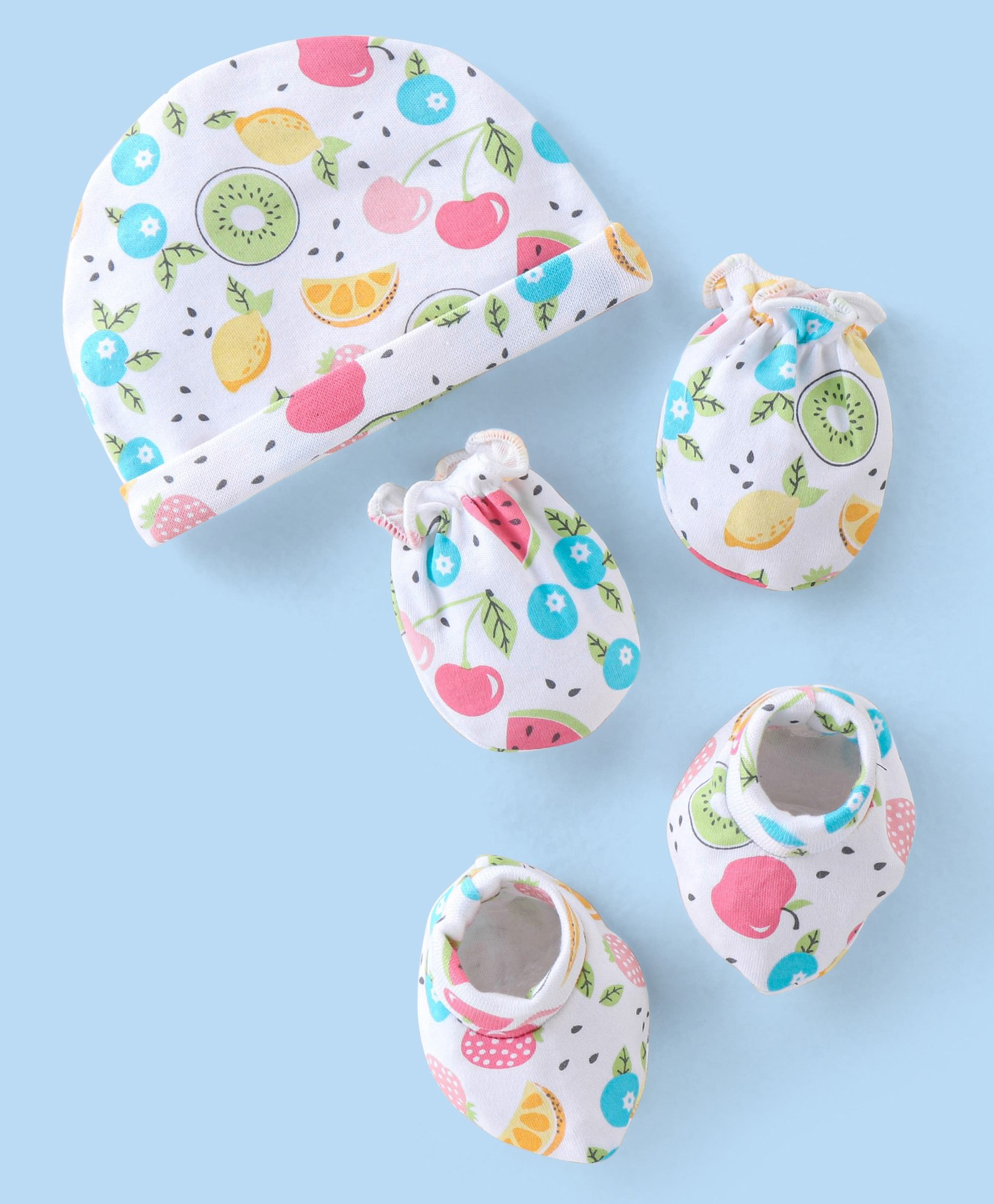 Babyhug 100% Cotton Fruits Printed Cap Mittens & Booties Set - Multicolour-image-25