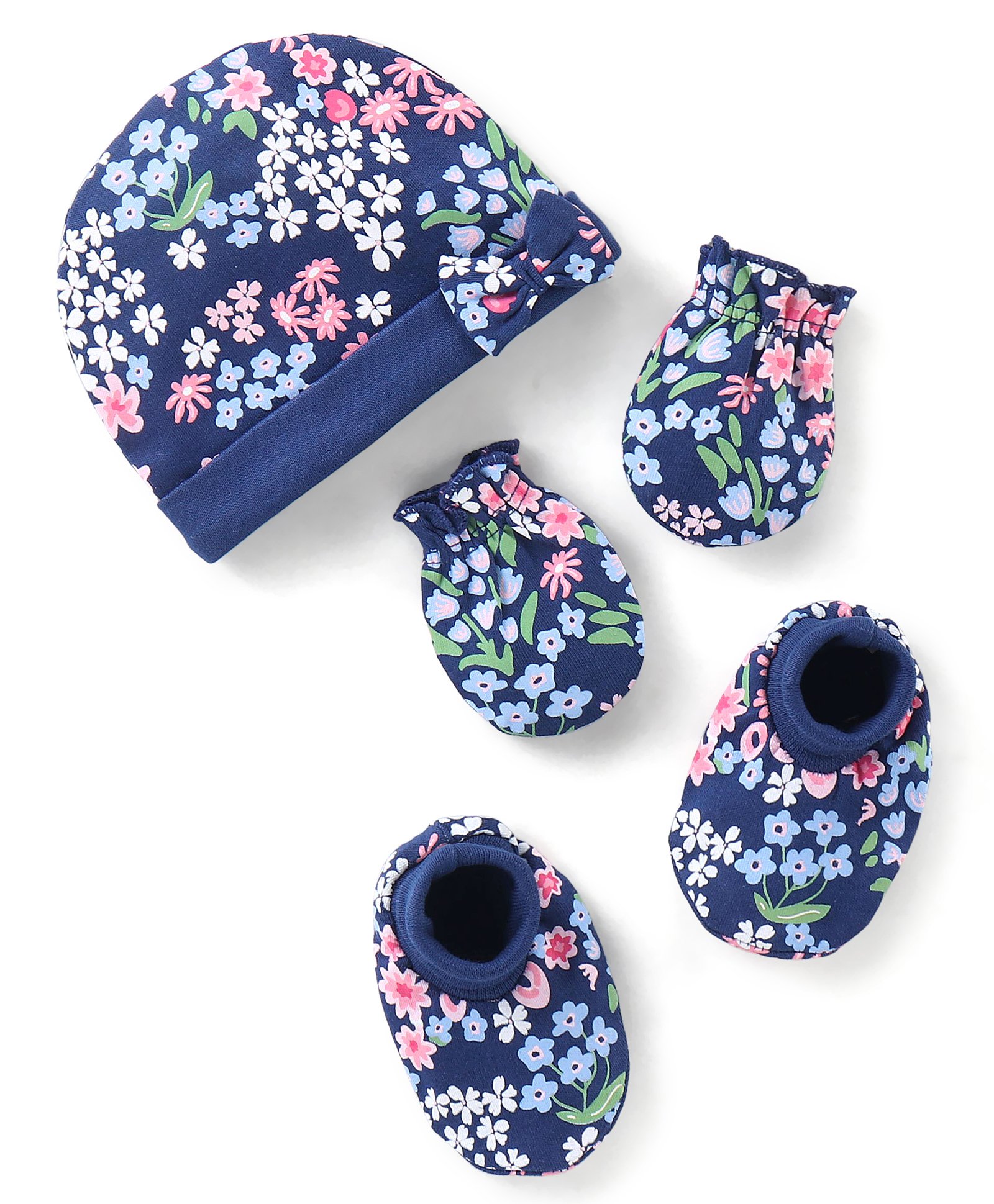 babyhug 100% cotton knit cap mittens & booties set floral print - navy blue
