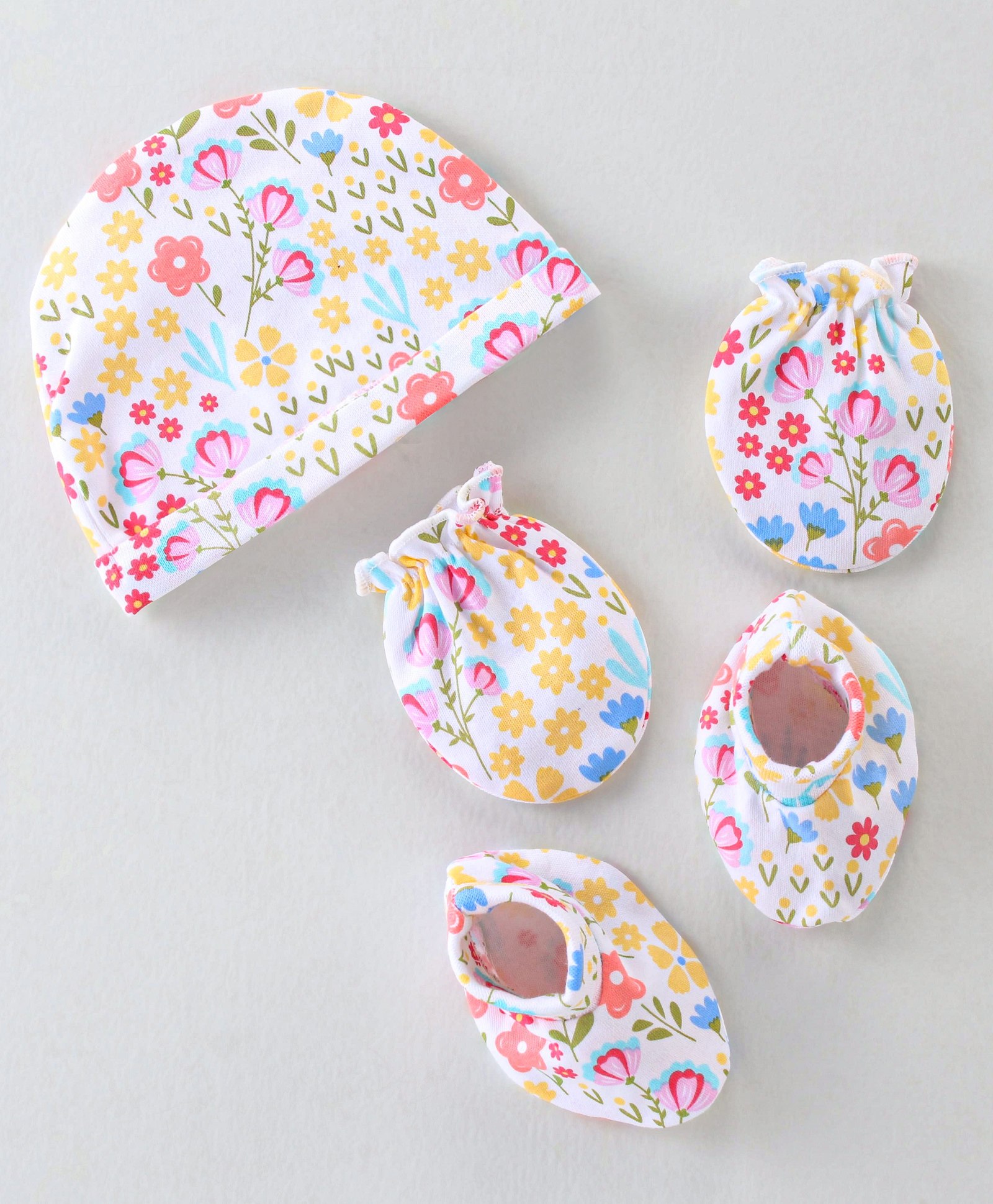 Babyhug 100% Cotton Knit Cap Mittens And Booties Floral Print - White-picture-21