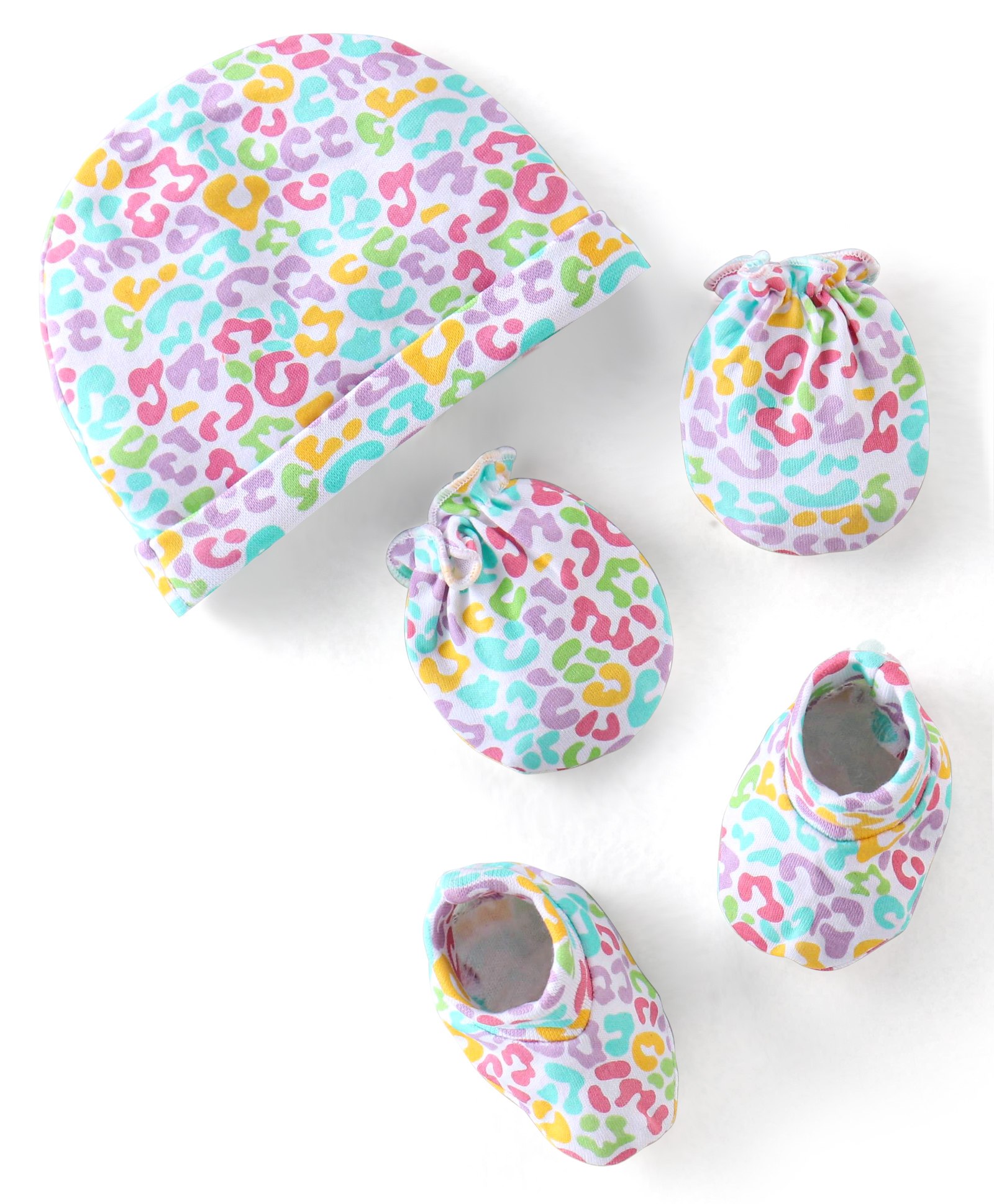 Babyhug 100% Cotton Knit Printed Cap Mittens & Booties - Multicolor-image-28