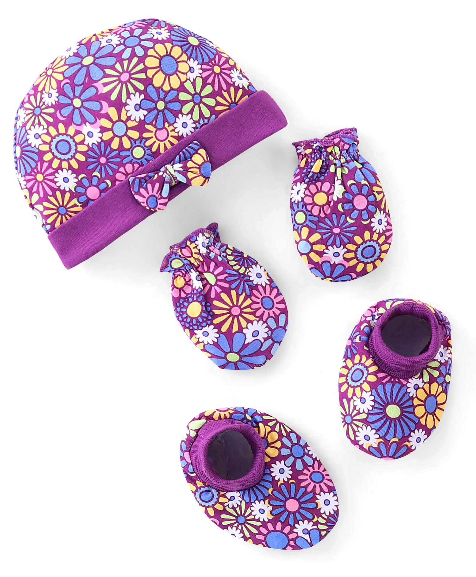 Babyhug 100% Cotton Knit Cap Mittens & Booties Set Floral Print - Purple-picture-19