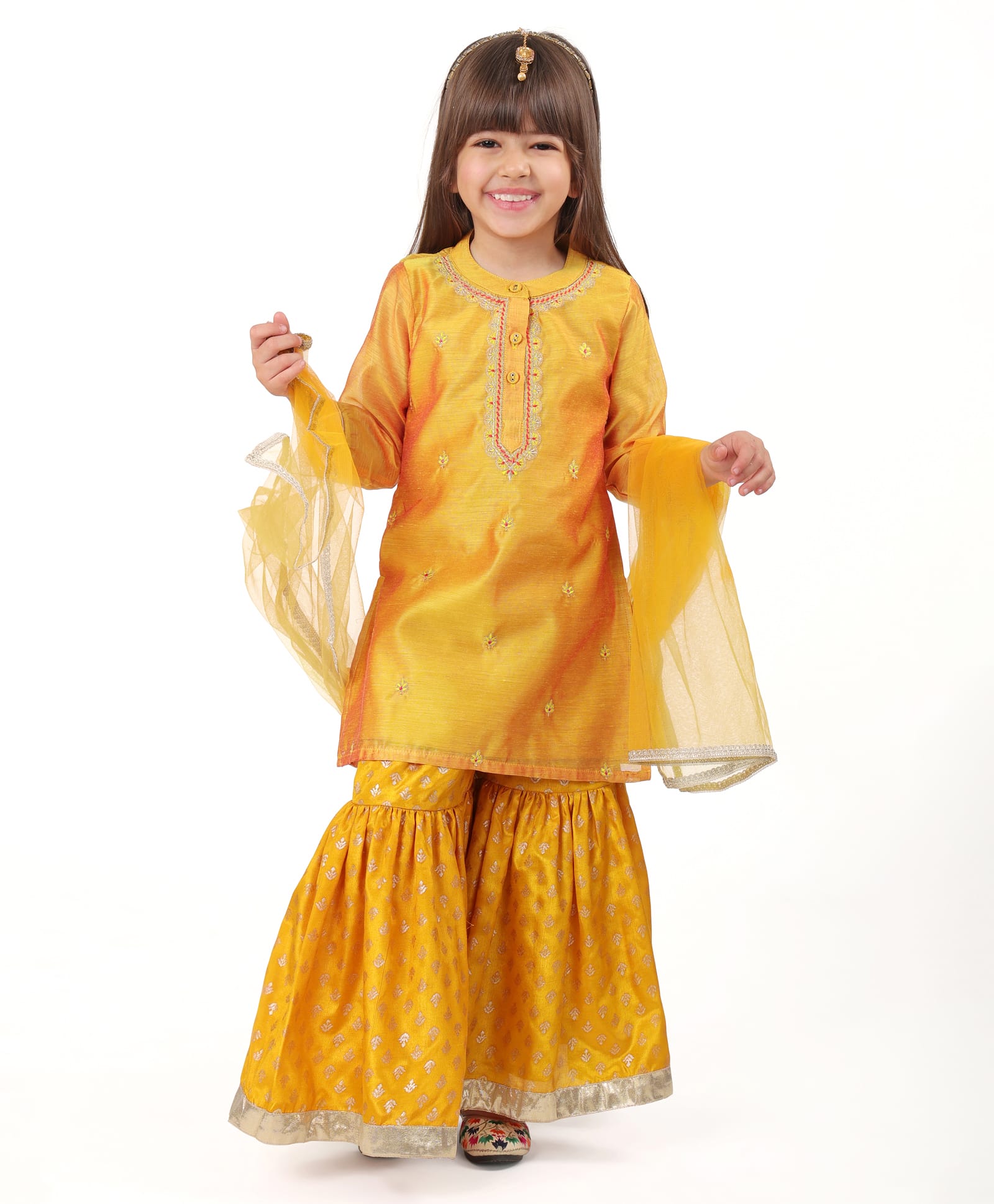 Babyhug Three Fourth Sleeves Embroidered Kurti Sharara and Dupatta Set - Mustard-image-21