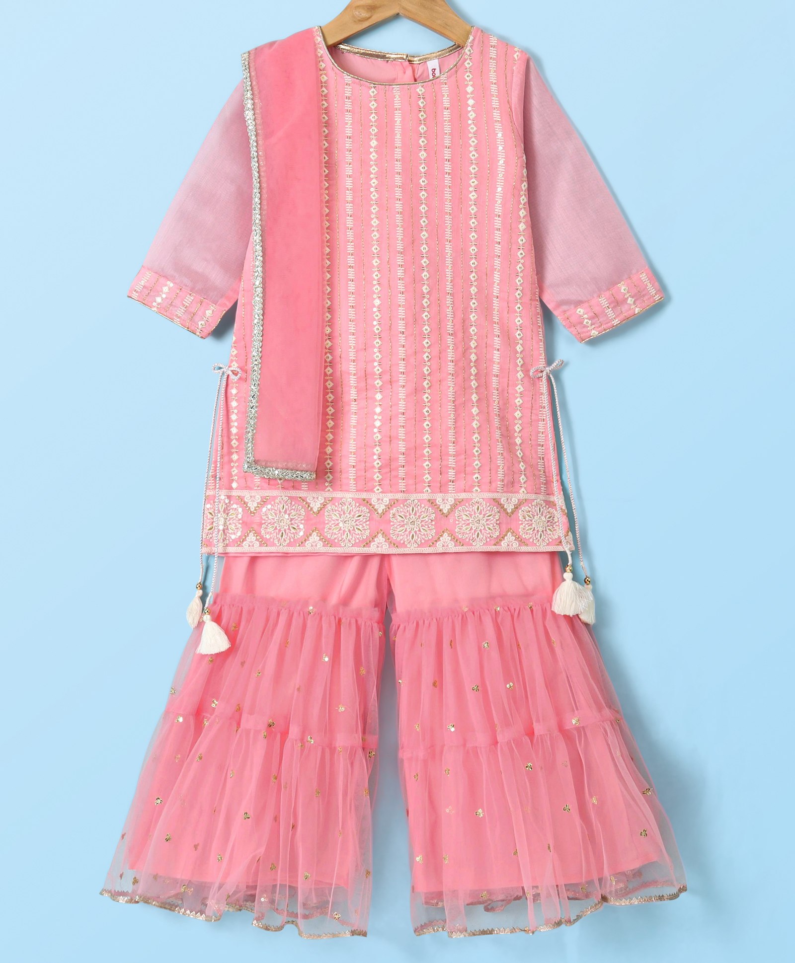 Babyhug Three Fourth Sleeves Embroidered Kurti Sharara and Dupatta Set - Pink-image-5