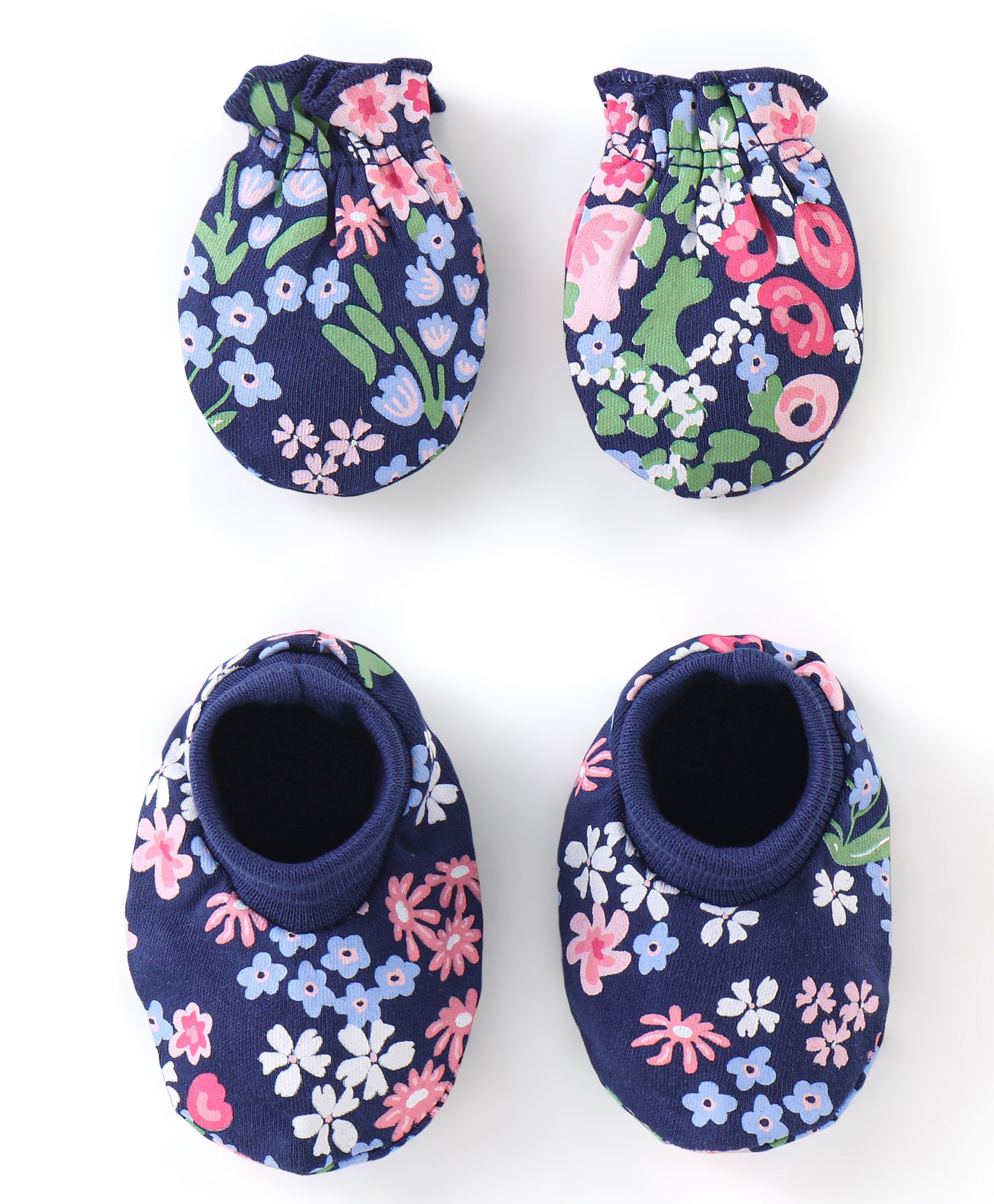 Babyhug 100% Cotton Knit Mitten & Booties Floral Print - Navy Blue-image-26