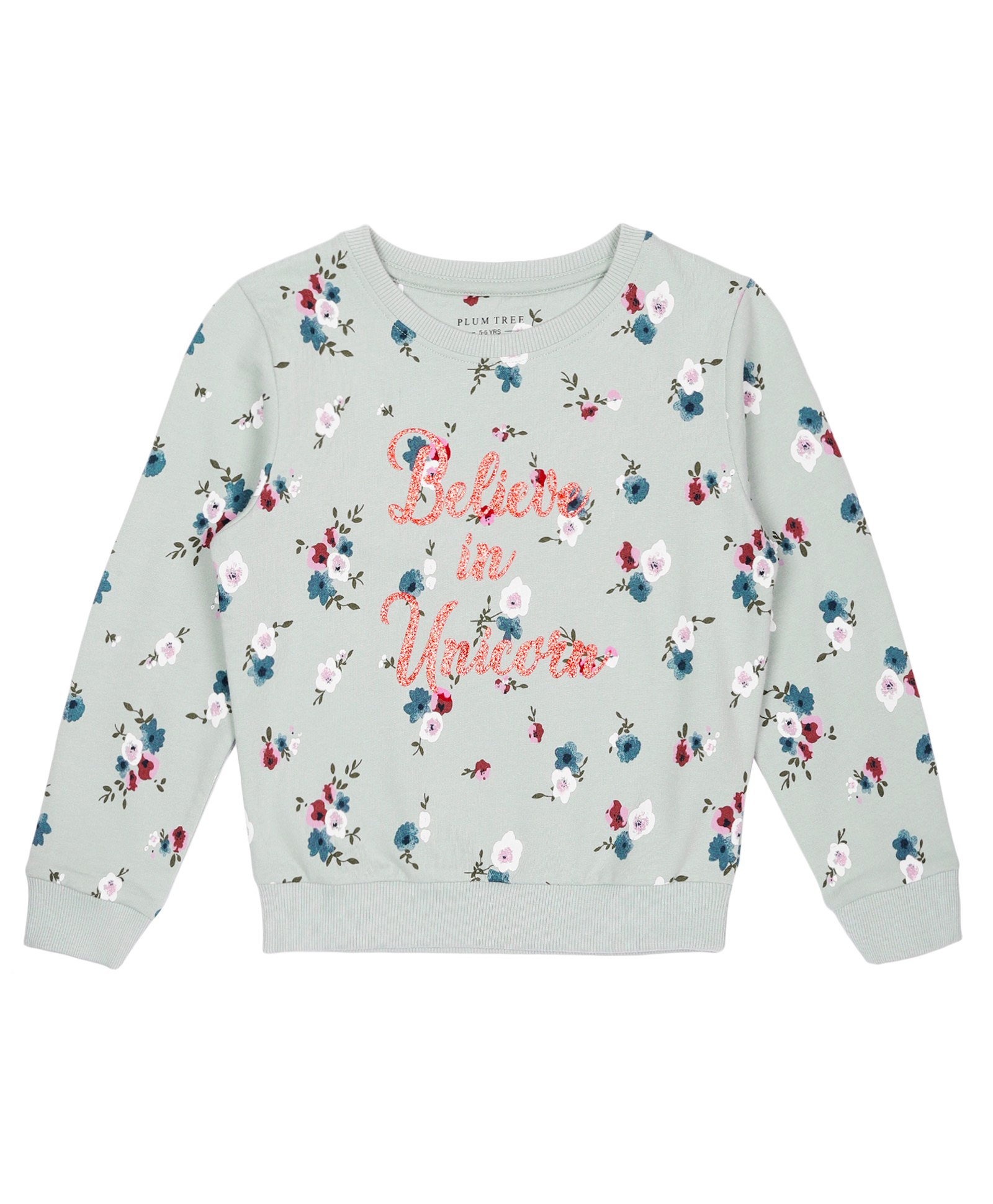 Plum Tree Full Sleeves Floral Printed Believe In Unicorn Text Glitter Embellished   Pullover Sweatshirt - Green-picture-12