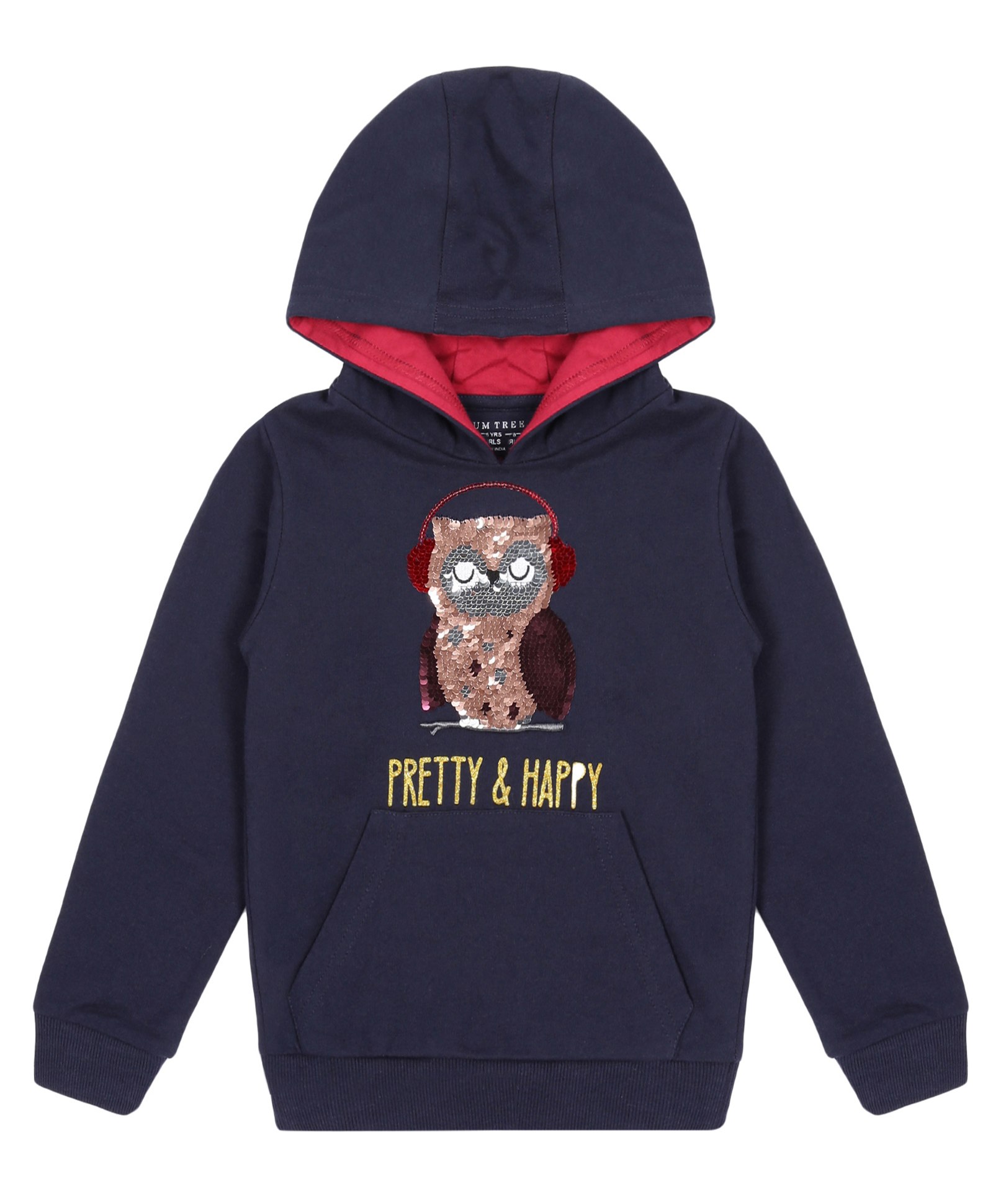 Plum Tree Full Sleeves Reversible Sequin Embellished Owl & Pretty Print Foil Text Printed  Hooded Sweatshirt - Navy Blue-picture-28