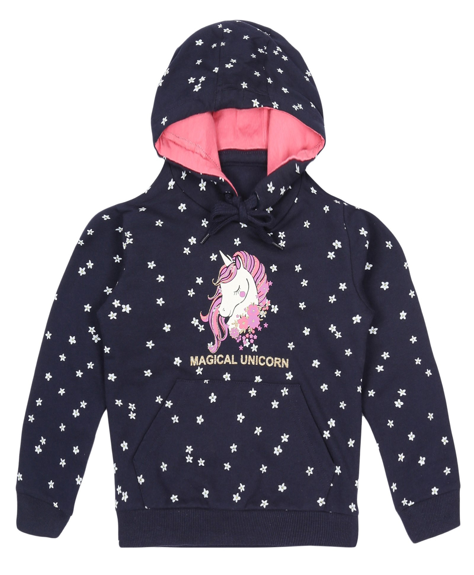 Plum Tree Full Sleeves Floral & Glitter Embellished  Unicorn Printed Hooded Sweatshirt - Navy Blue-picture-13