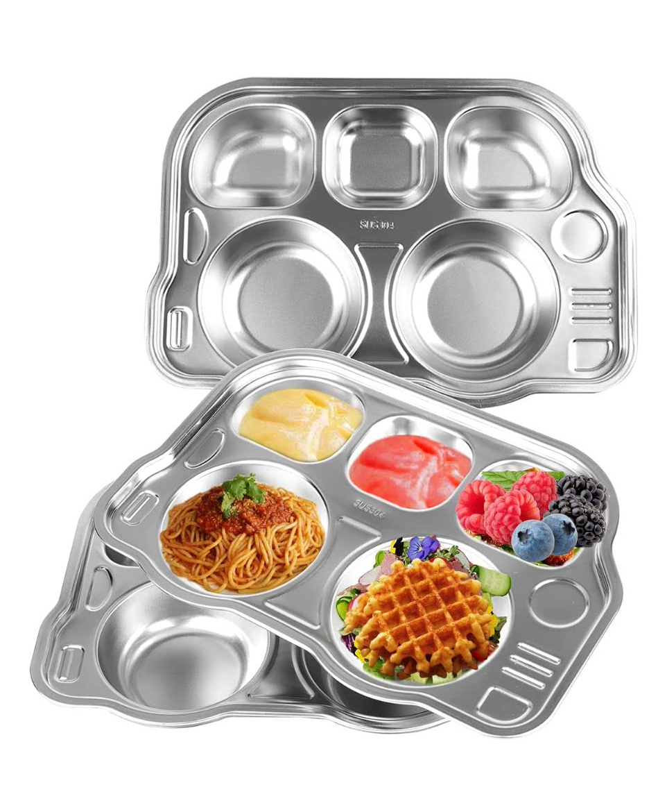 Happy Hues Stainless Steel Divided Meal Plate 5 Compartments Dinner Dish for Babies & Toddlers Bus Design - Silver-image-33