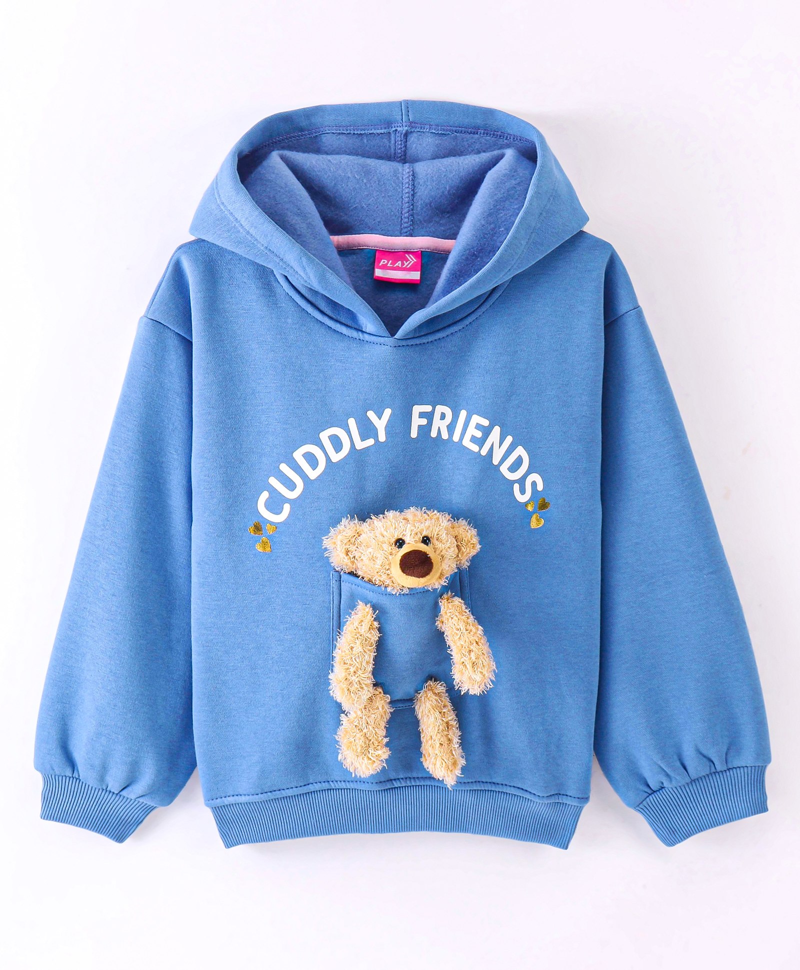 Little Kangaroos Full Sleeves Drop Shoulder Hoodie with Teddy Applique - Royal Blue-picture-12