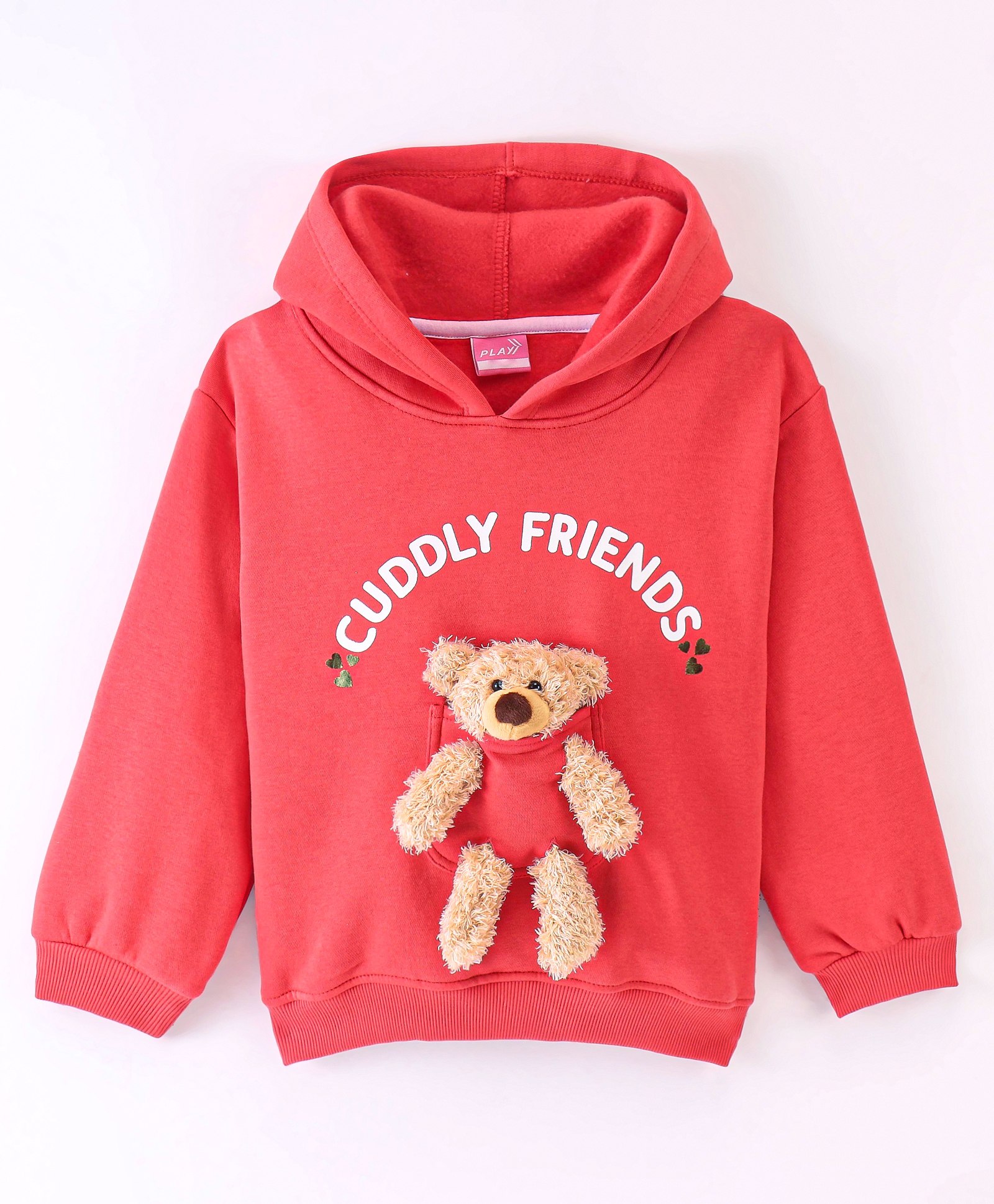 Little Kangaroos Full Sleeves Drop Shoulder Hoodie with Teddy Applique - Coral-picture-22