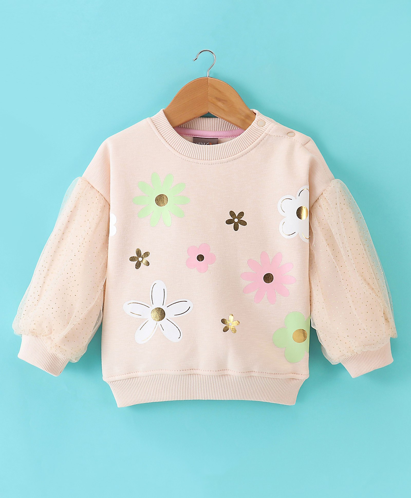 Little Kangaroos Drop Shoulder Full Sleeves Party Top with Floral Print - Butter-image-29