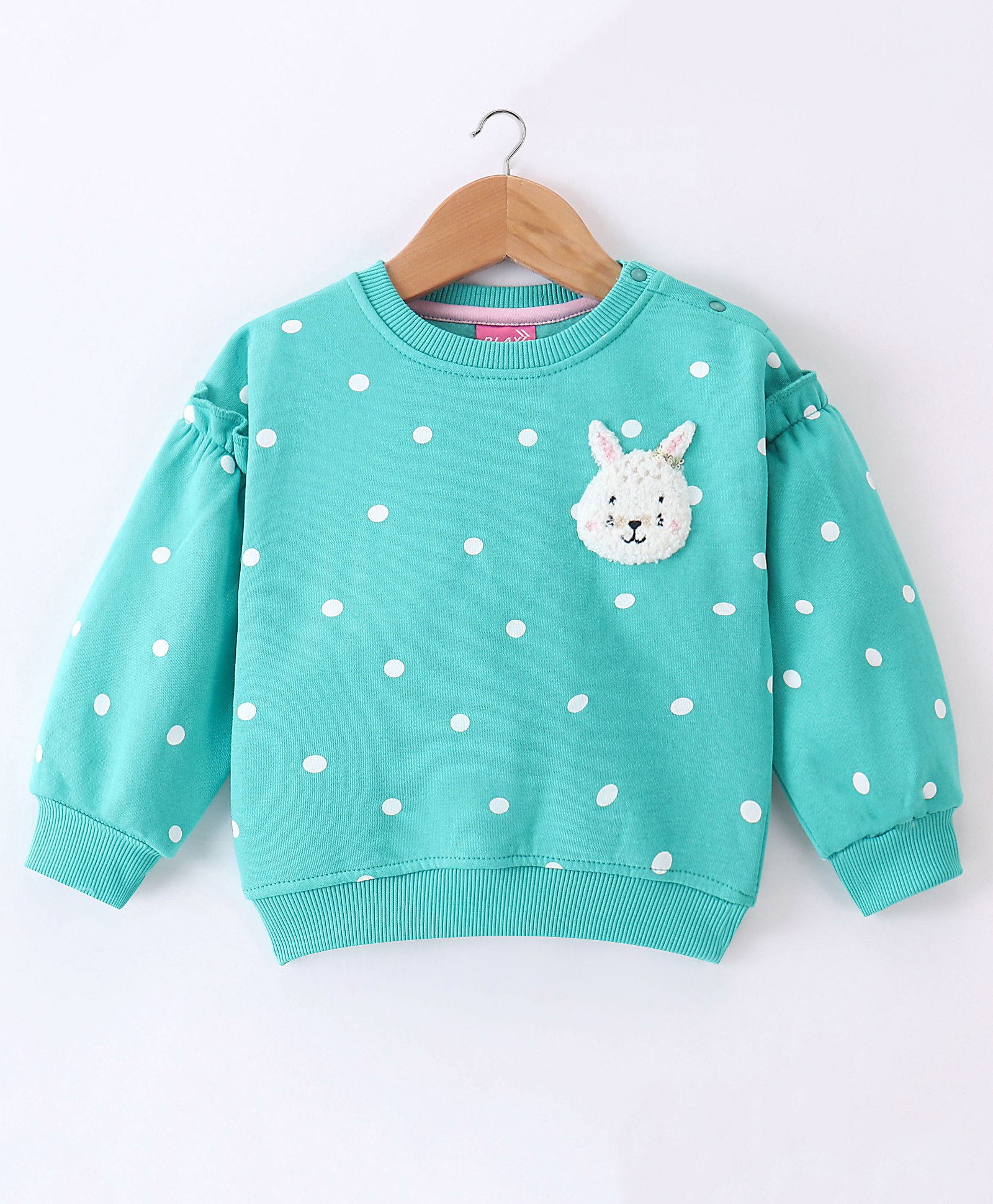 Little Kangaroos Fleece Full Sleeves Sweatshirt With Teddy Patch & Dots Print - Green-image-33