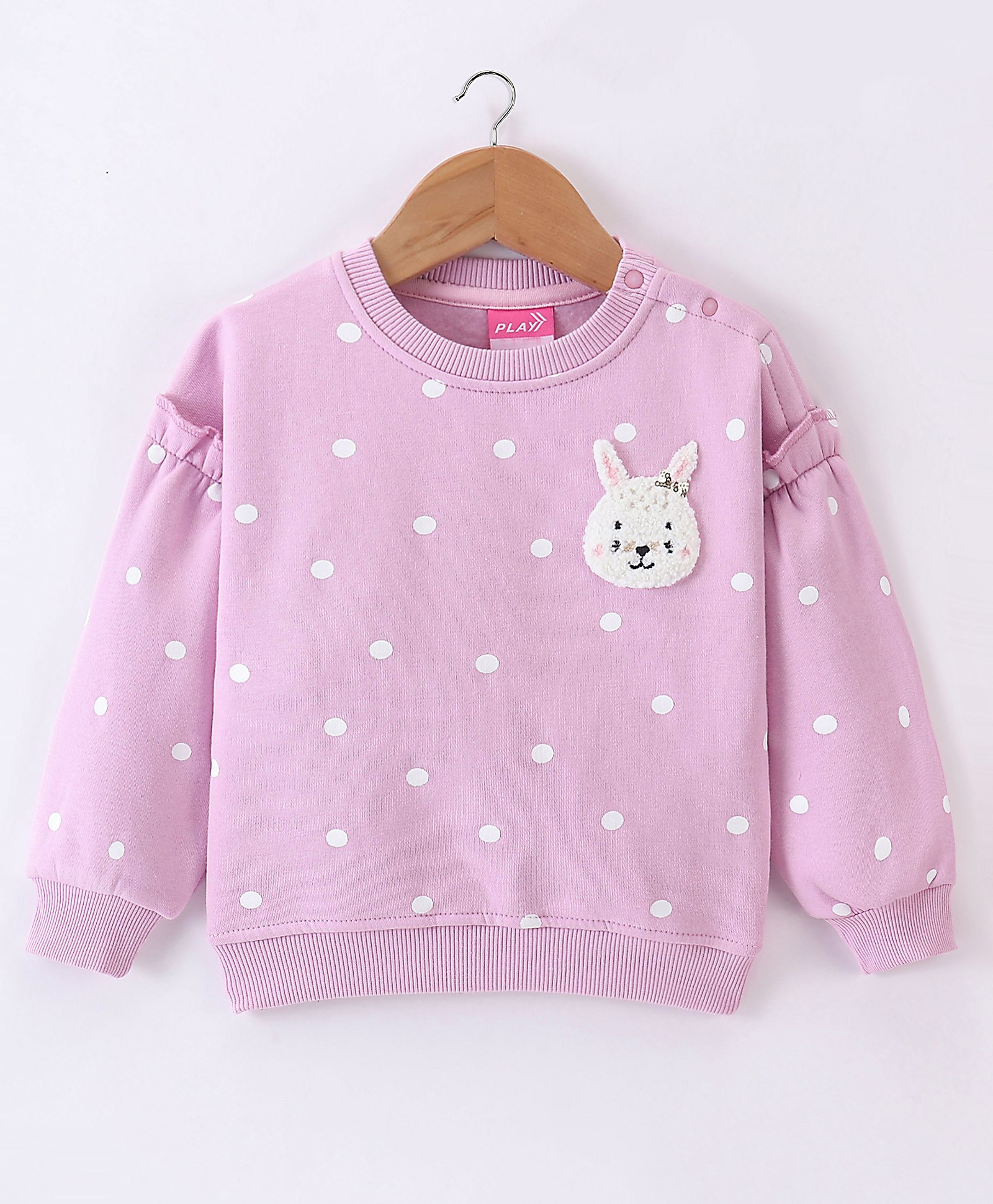 Little Kangaroos Fleece Full Sleeves Sweatshirt With Teddy Patch & Dots Print - Pink-picture-21