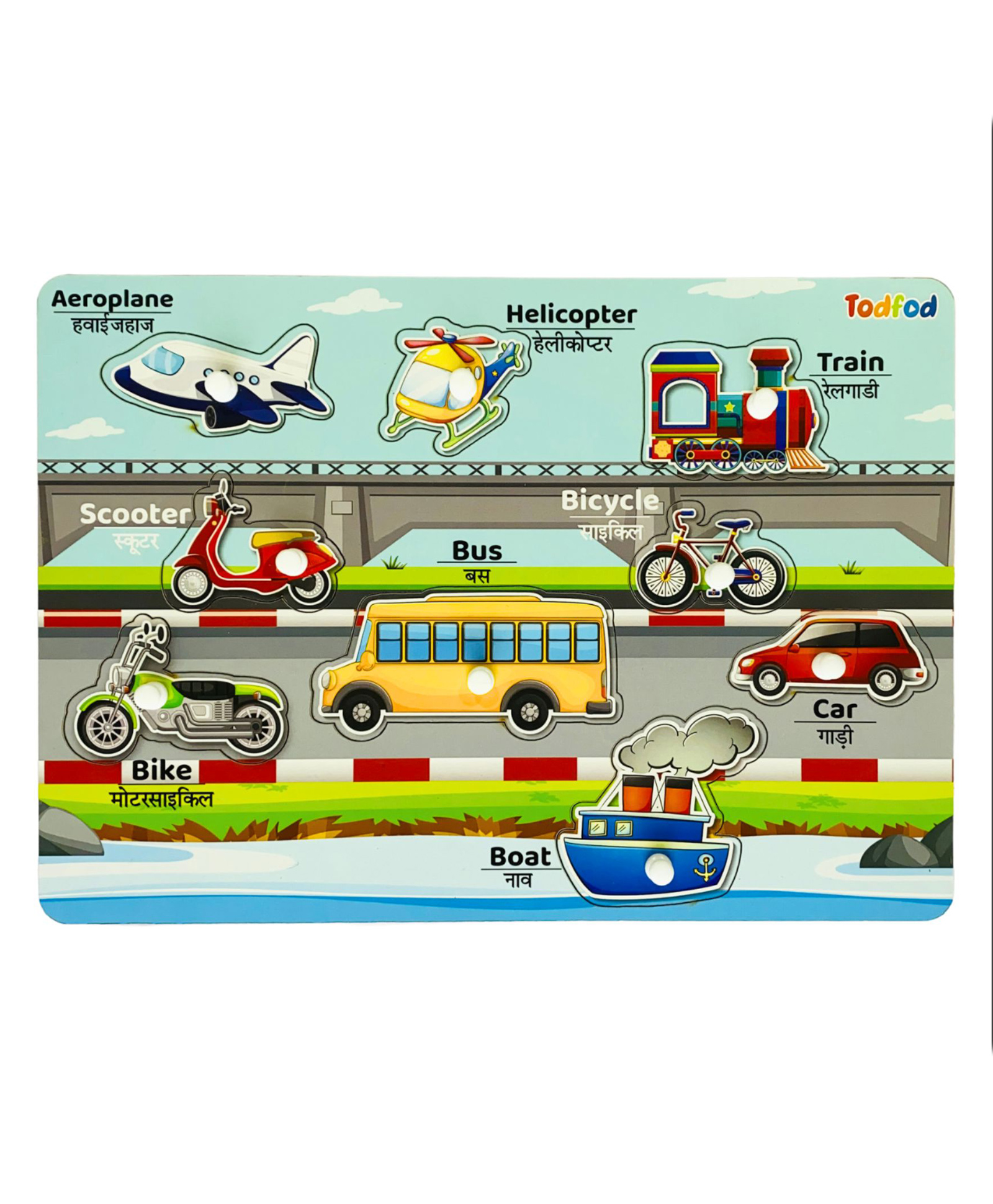 TodFod Wooden Vehicle  Puzzle With Knob Multicolour - 9 Pieces-image-3