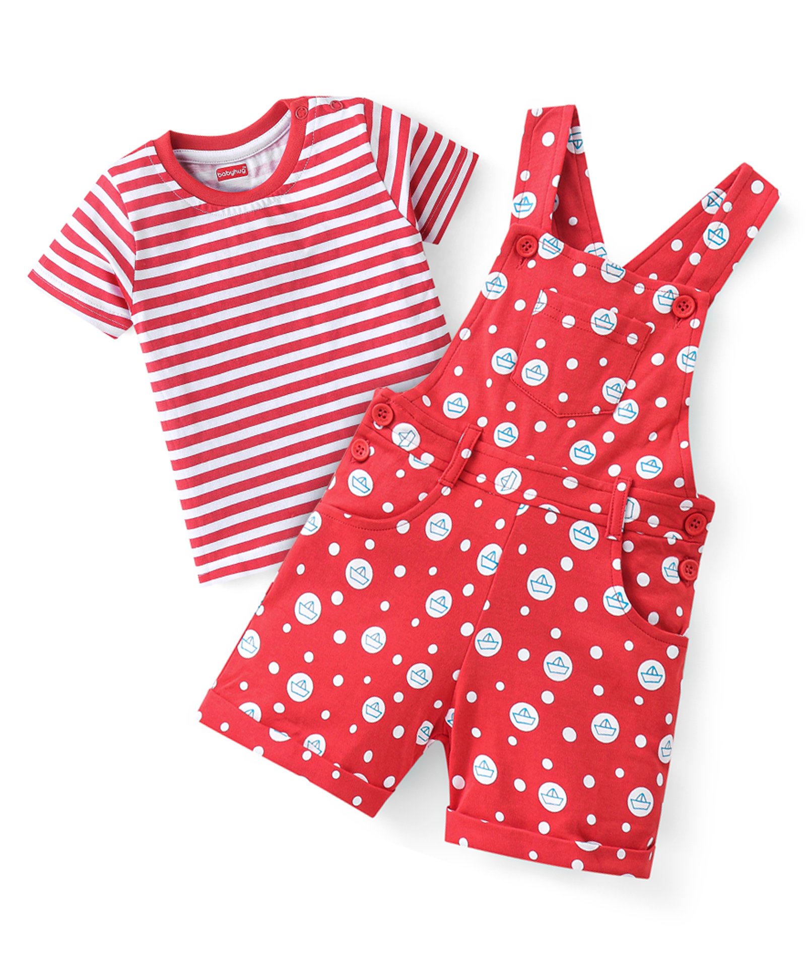 Babyhug 100% Cotton Knit Dungaree and Half Sleeves Tee Set with Stripes - Red-image-11
