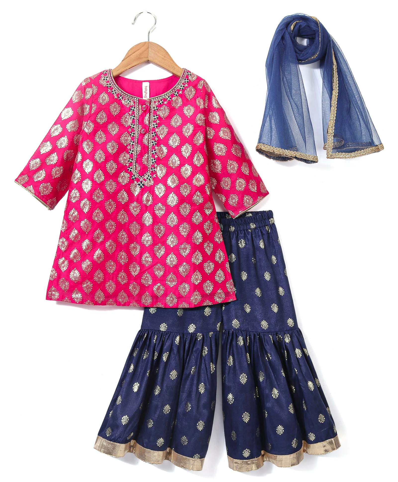 Babyhug Three Fourth Sleeves Foil Printed Kurti Sharara and Dupatta Set - Fuschia-image-26