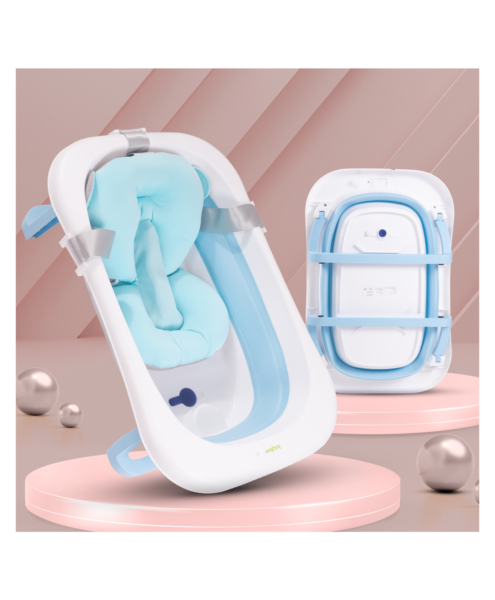 Baybee Loria Foldable Baby BathTub for Kids Baby with Soft Cushion Drainer & Non Slip Base - Blue-picture-18