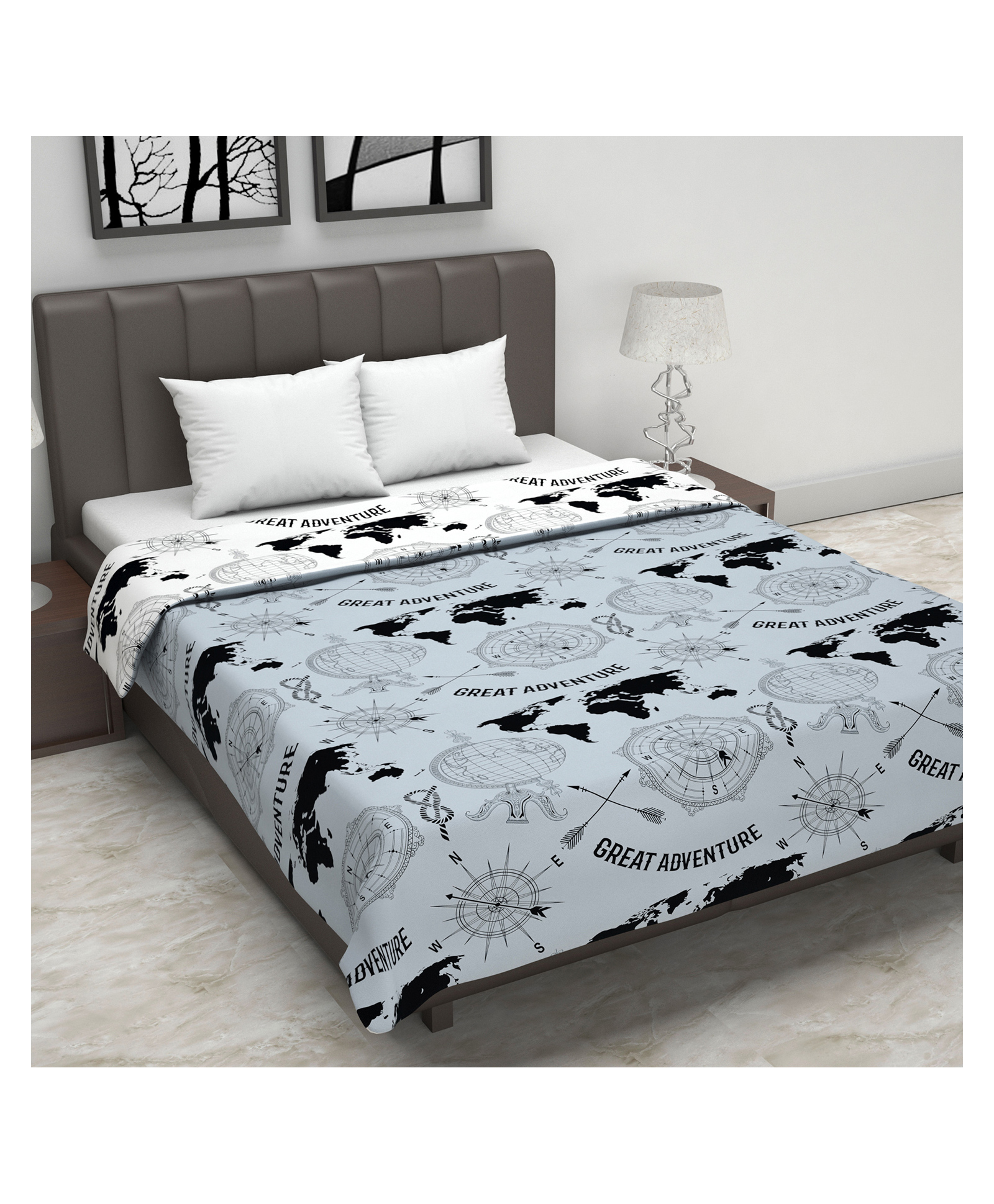 Divine Casa 120 GSM Microfiber Single Bed All Season Reversible AC Dohar Geography Print - Grey and White-picture-33