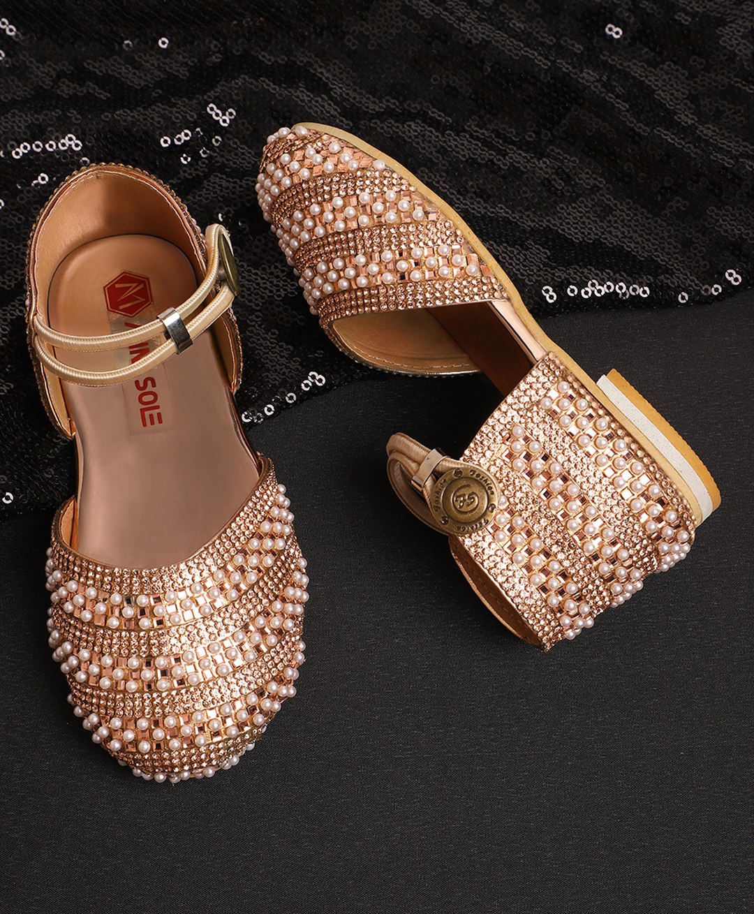 Mine Sole Pearl & Stone Embellished  Half Cut Sandals - Rose Gold-picture-19